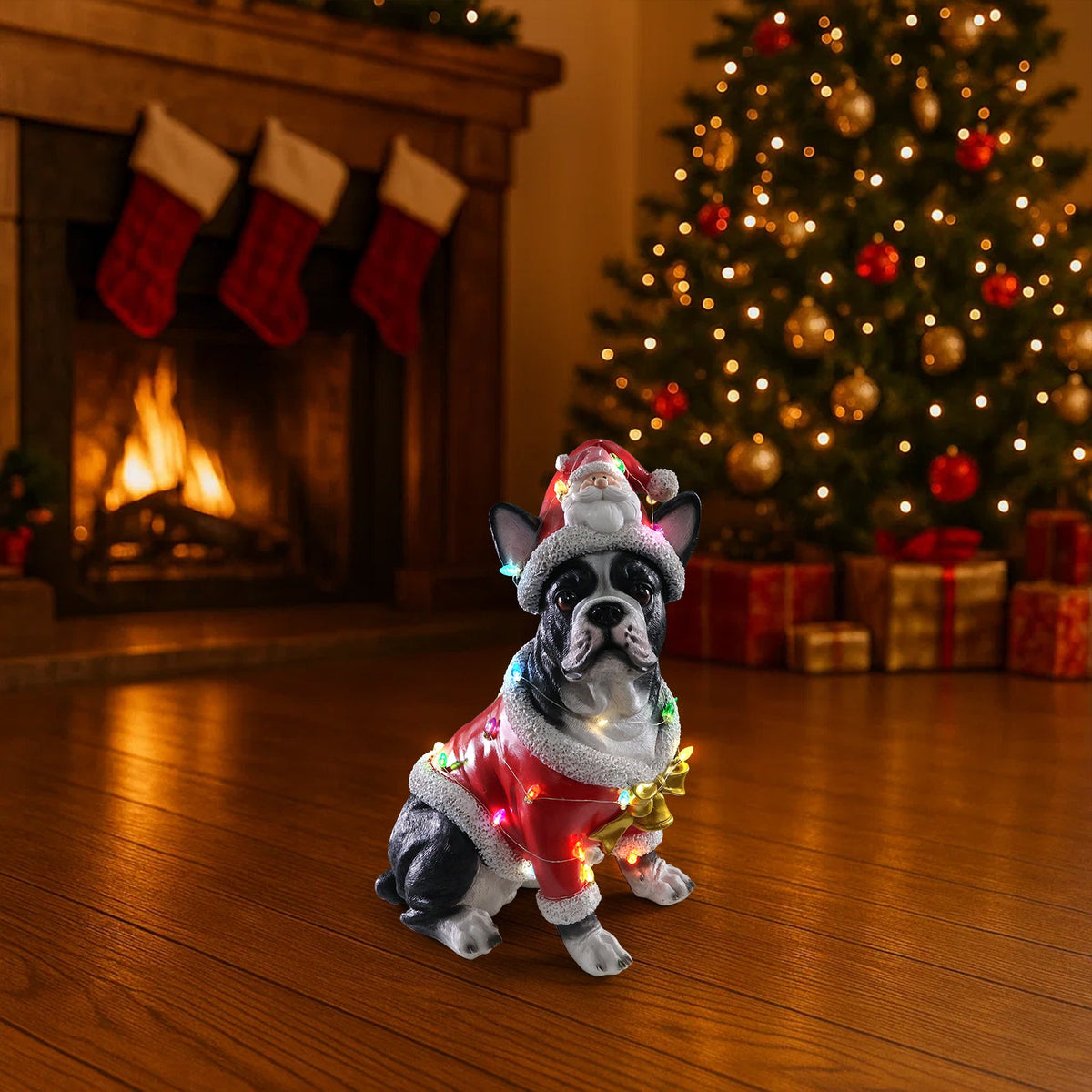 Christmas French Bulldog Statue with Santa Outfit - Holiday Dog Figurine