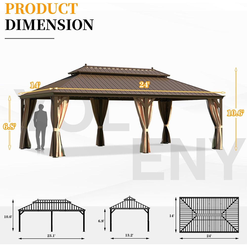 Alora Heavy-Duty Aluminum Galvanized Steel Double Roof Hardtop Gazebo With Netting And Curtains [14X24FT]