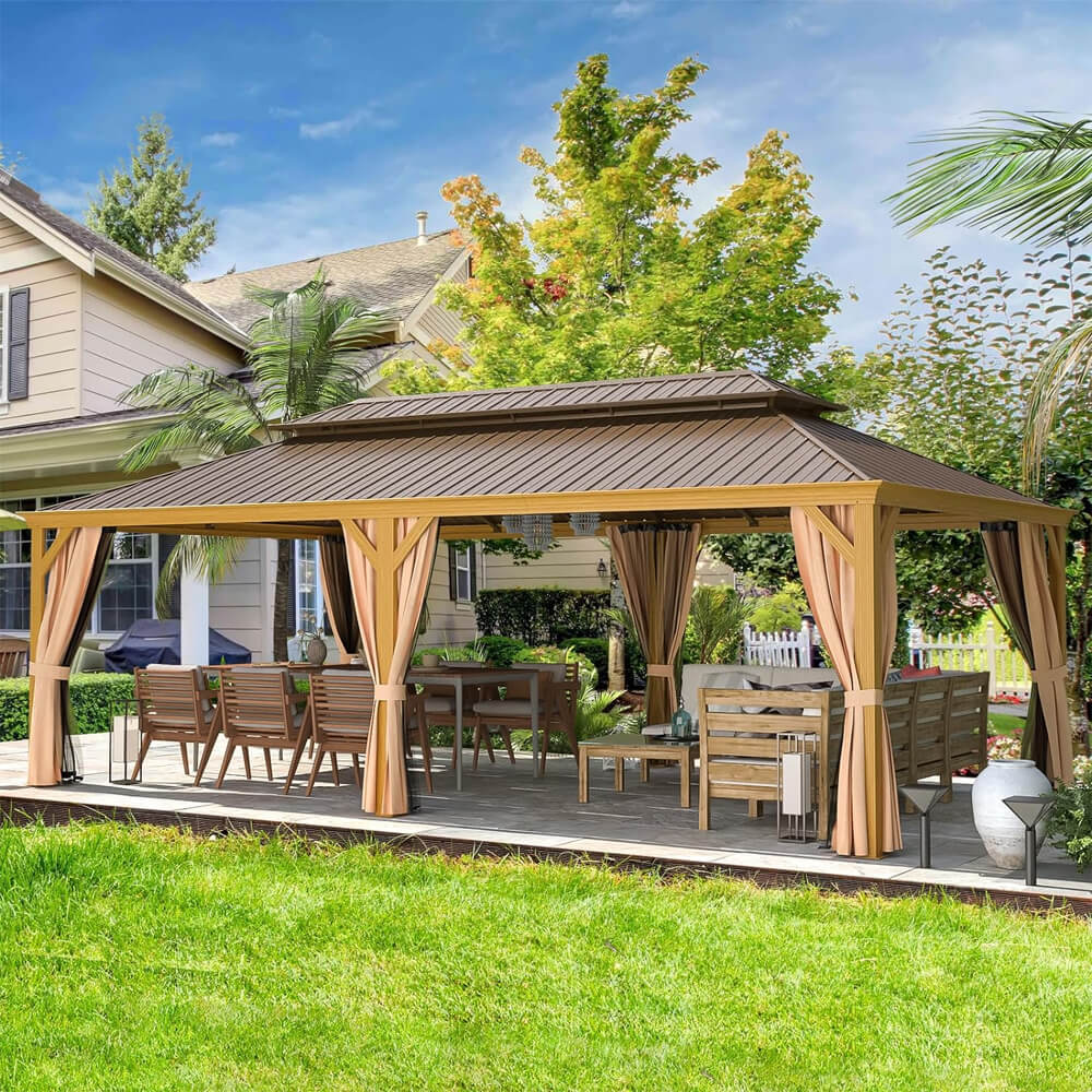 Alora Heavy-Duty Aluminum Galvanized Steel Double Roof Hardtop Gazebo With Netting And Curtains [14X24FT]
