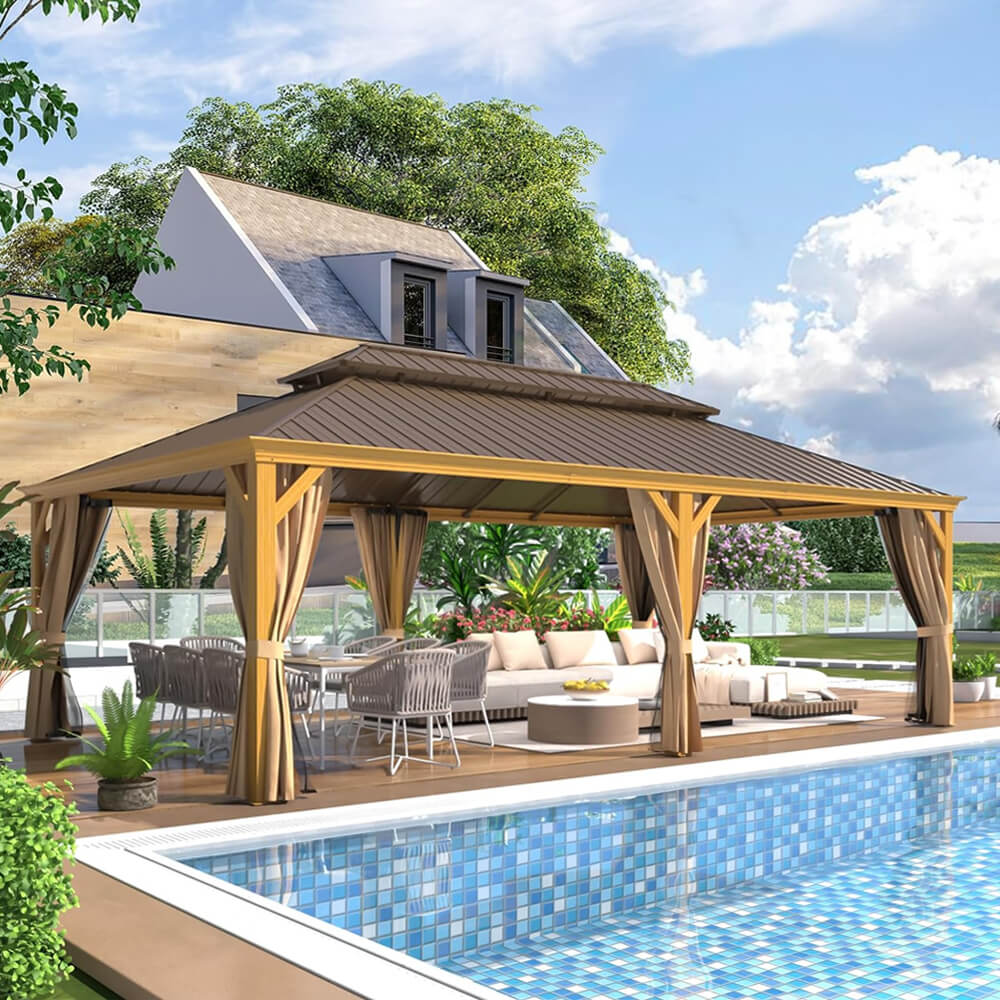 Alora Heavy-Duty Aluminum Galvanized Steel Double Roof Hardtop Gazebo With Netting And Curtains [14X24FT]