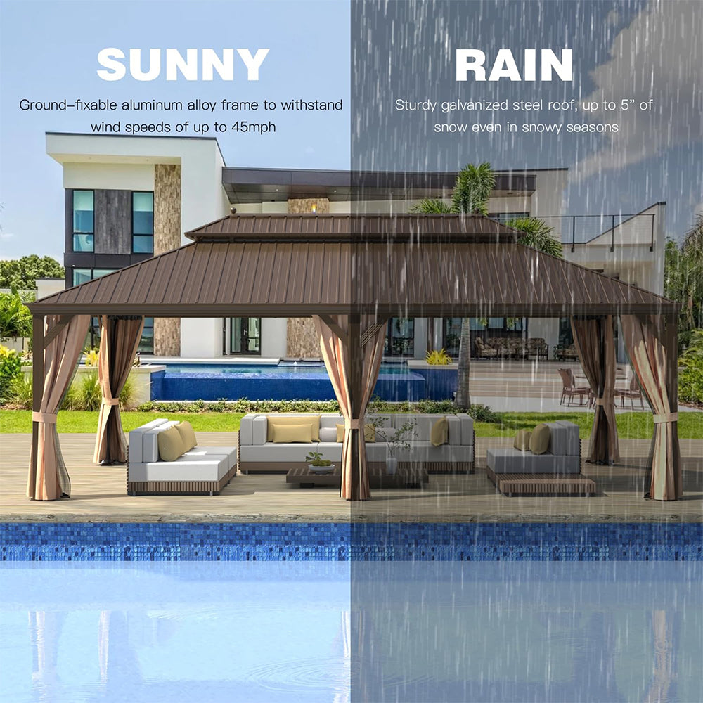 Alora Heavy-Duty Aluminum Galvanized Steel Double Roof Hardtop Gazebo With Netting And Curtains [14X24FT]