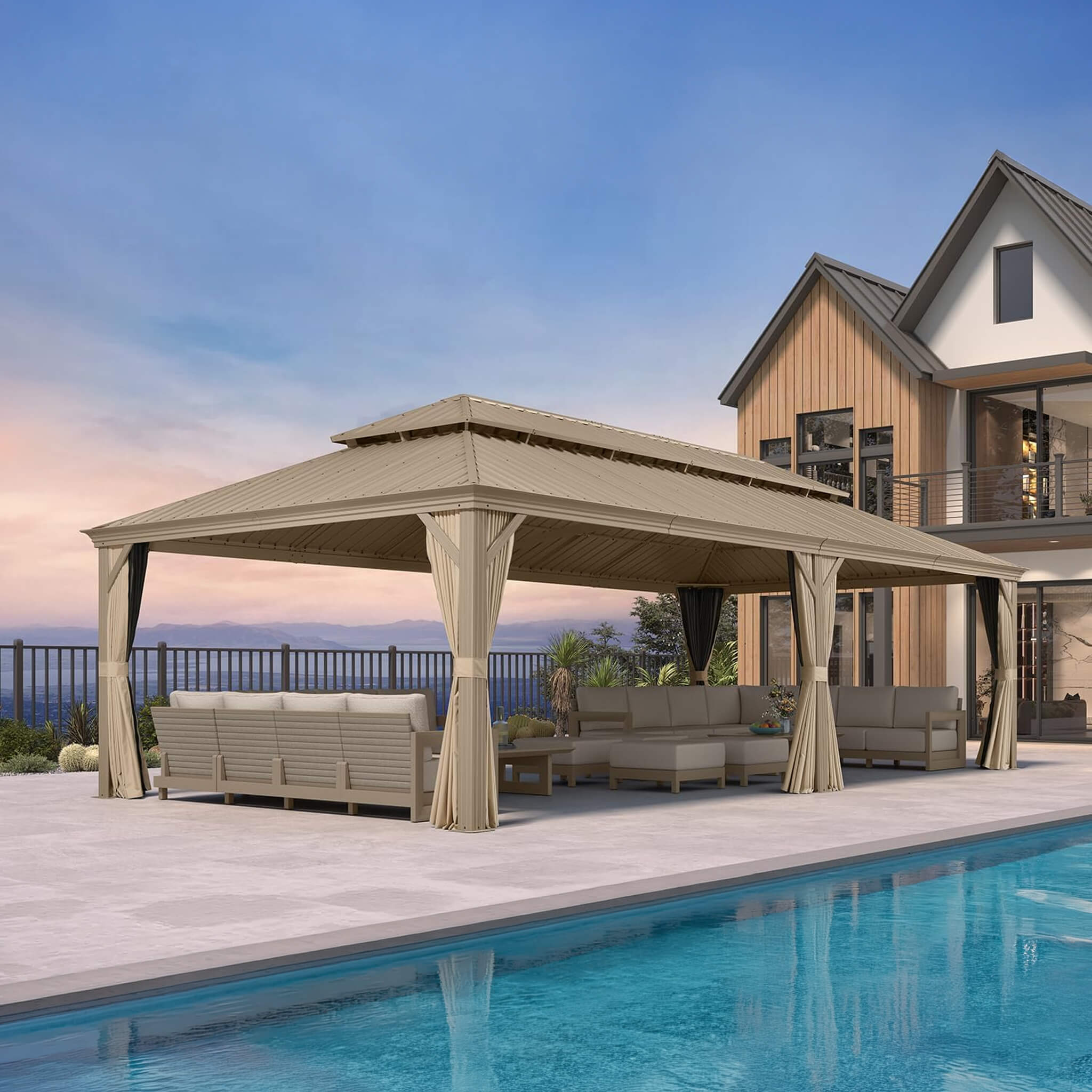 [14X28FT] Alora Extra-Large Hardtop Gazebo With Galvanized Steel Double Roof, Curtains And Netting (SAK85731)