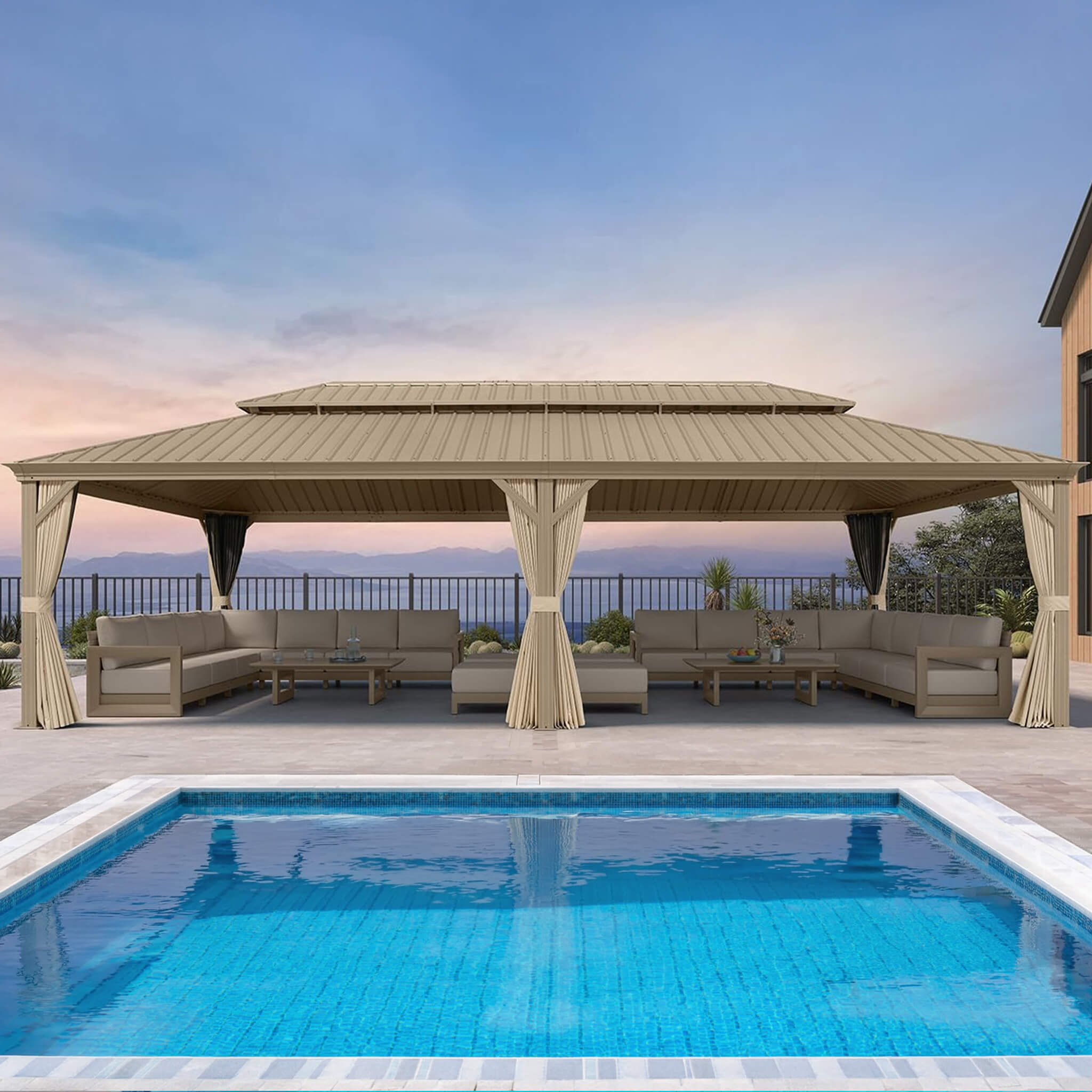 [14X28FT] Alora Extra-Large Hardtop Gazebo With Galvanized Steel Double Roof, Curtains And Netting (SAK85731)