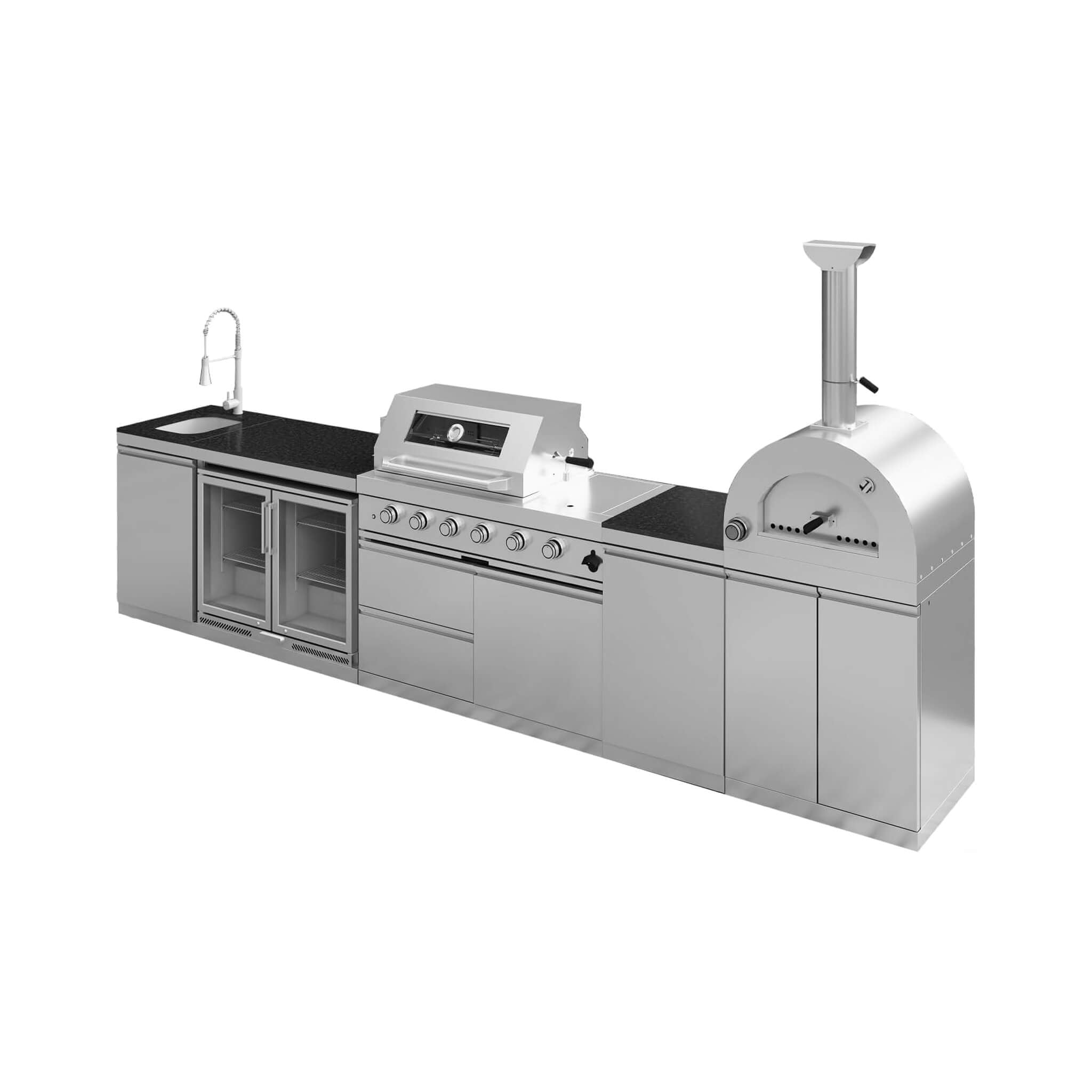 Blazon 150-Inch 4-Burner 108K BTU Outdoor Kitchen Island With Pizza Oven, Rotisserie & Refrigerator