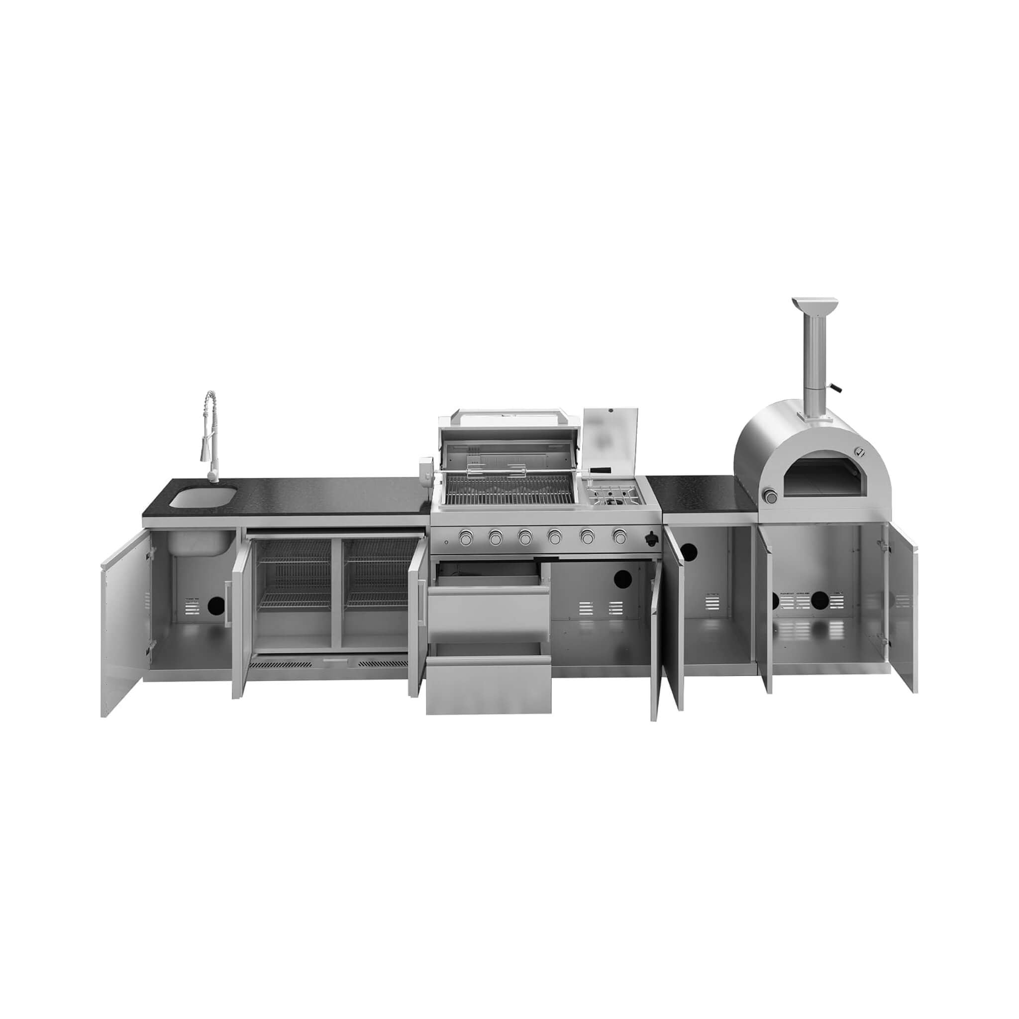 Blazon 150-Inch 4-Burner 108K BTU Outdoor Kitchen Island With Pizza Oven, Rotisserie & Refrigerator
