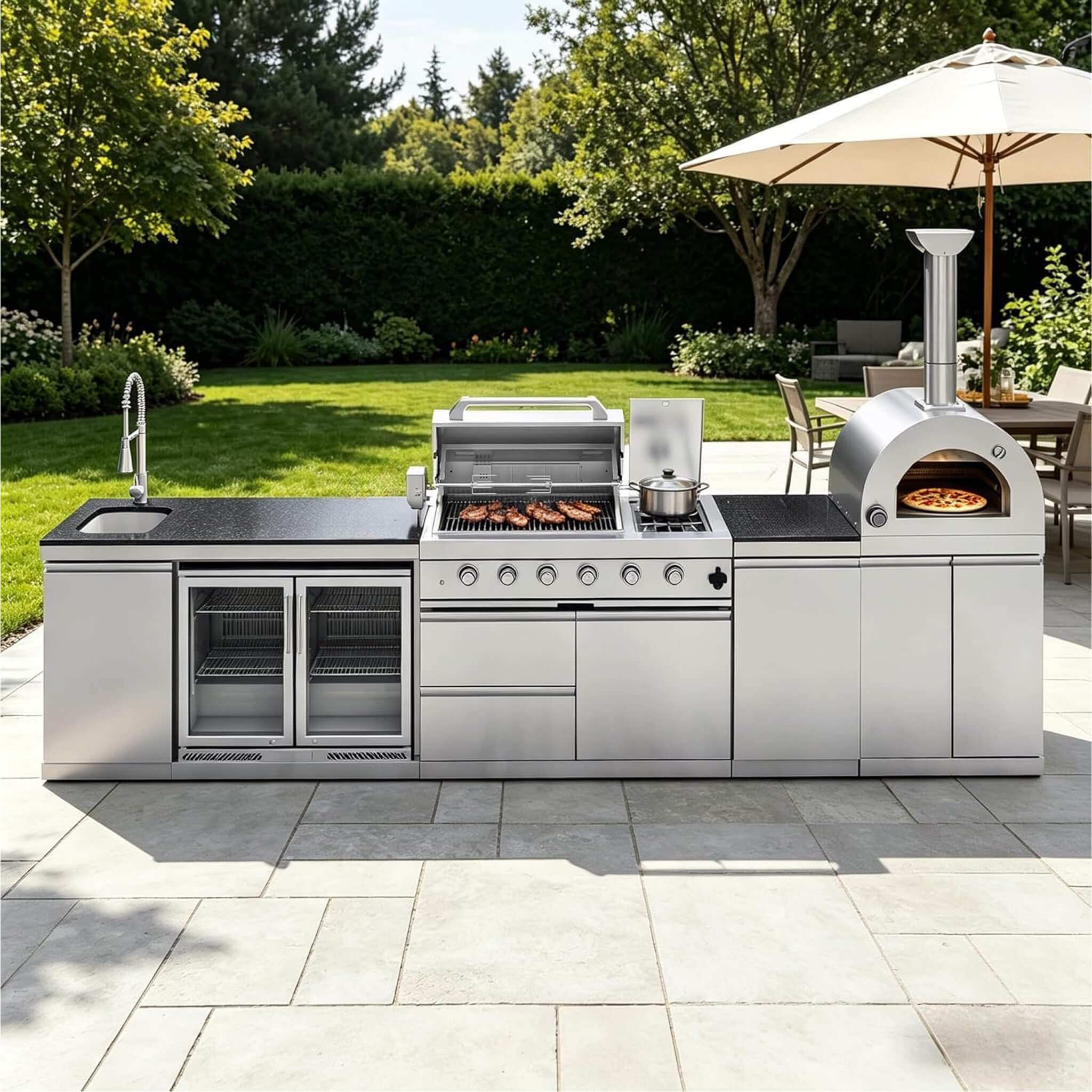 Blazon 150-Inch 4-Burner 108K BTU Outdoor Kitchen Island With Pizza Oven, Rotisserie & Refrigerator
