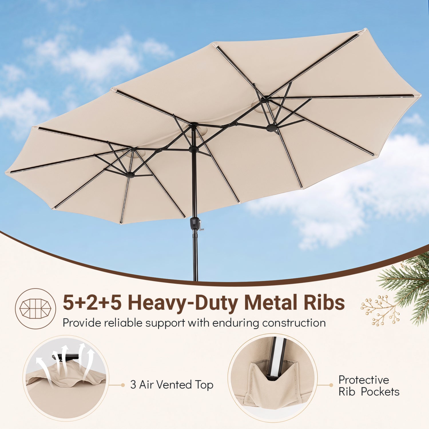 15.5 ft Patio Umbrella with Solar LED Lights & Crank