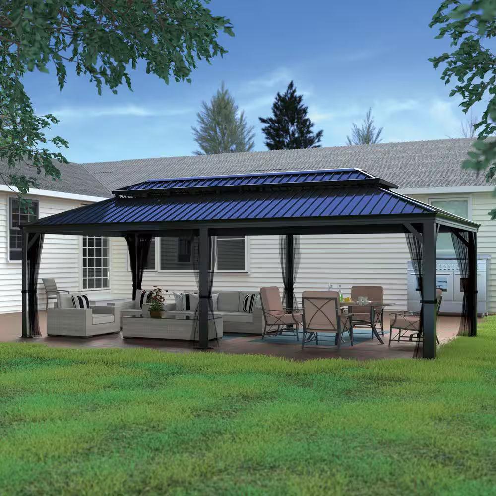 24 Ft. W X 14 Ft. D Aluminum Hardtop Gazebo with Galvanized Double Roof and Textilene Netting