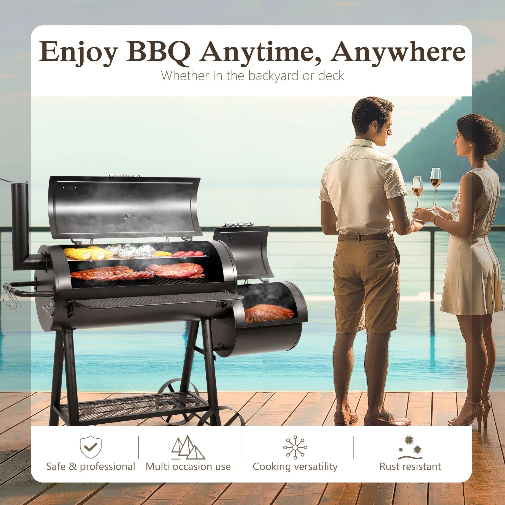 Heavy Duty BBQ Charcoal Grill with Offset Smoker Overlarge 941 Sq.In. Cooking Area