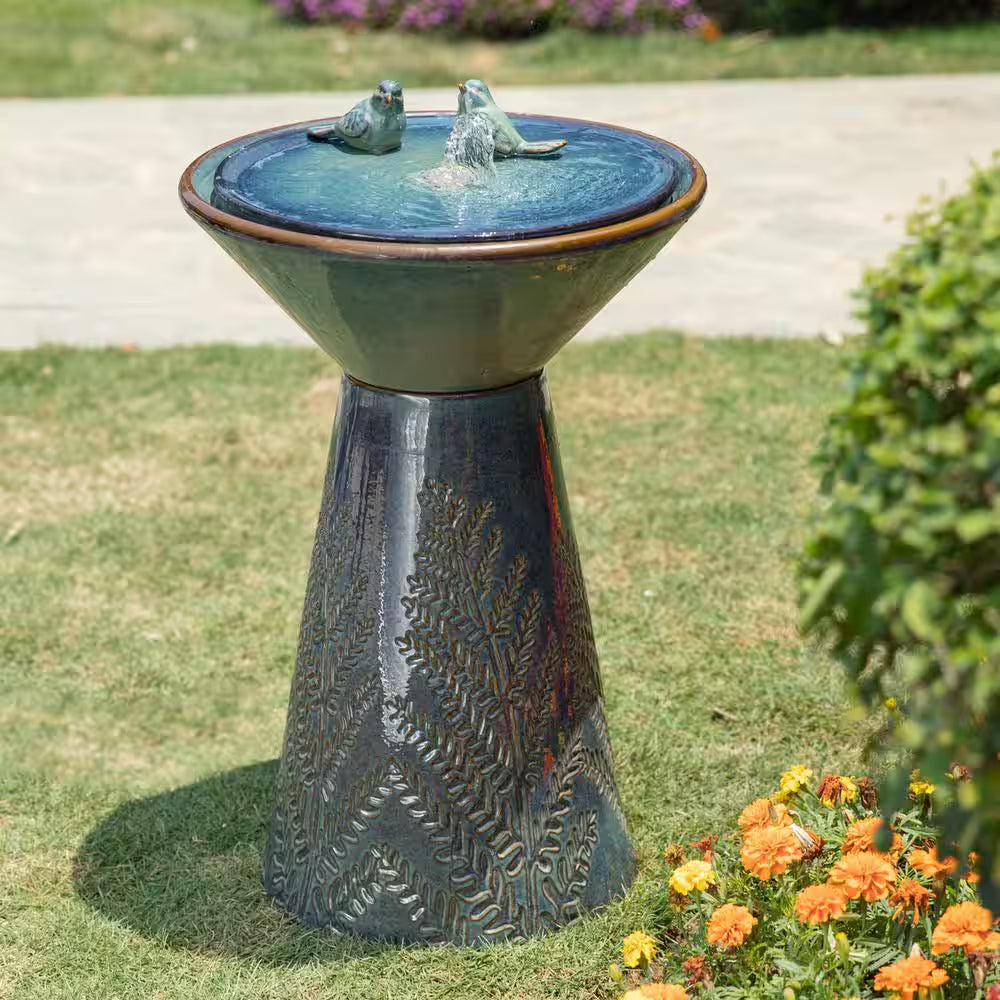 27.5 In. H Turquoise 2 Birds Embossed Plant Pattern Pedestal Ceramic Fountain with Pump and LED Light (KD)