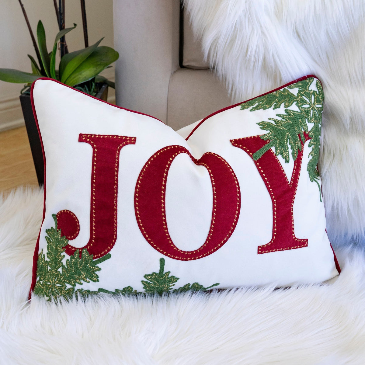 JOY Embroidered Christmas Throw Pillow with Velvet - Red and Green