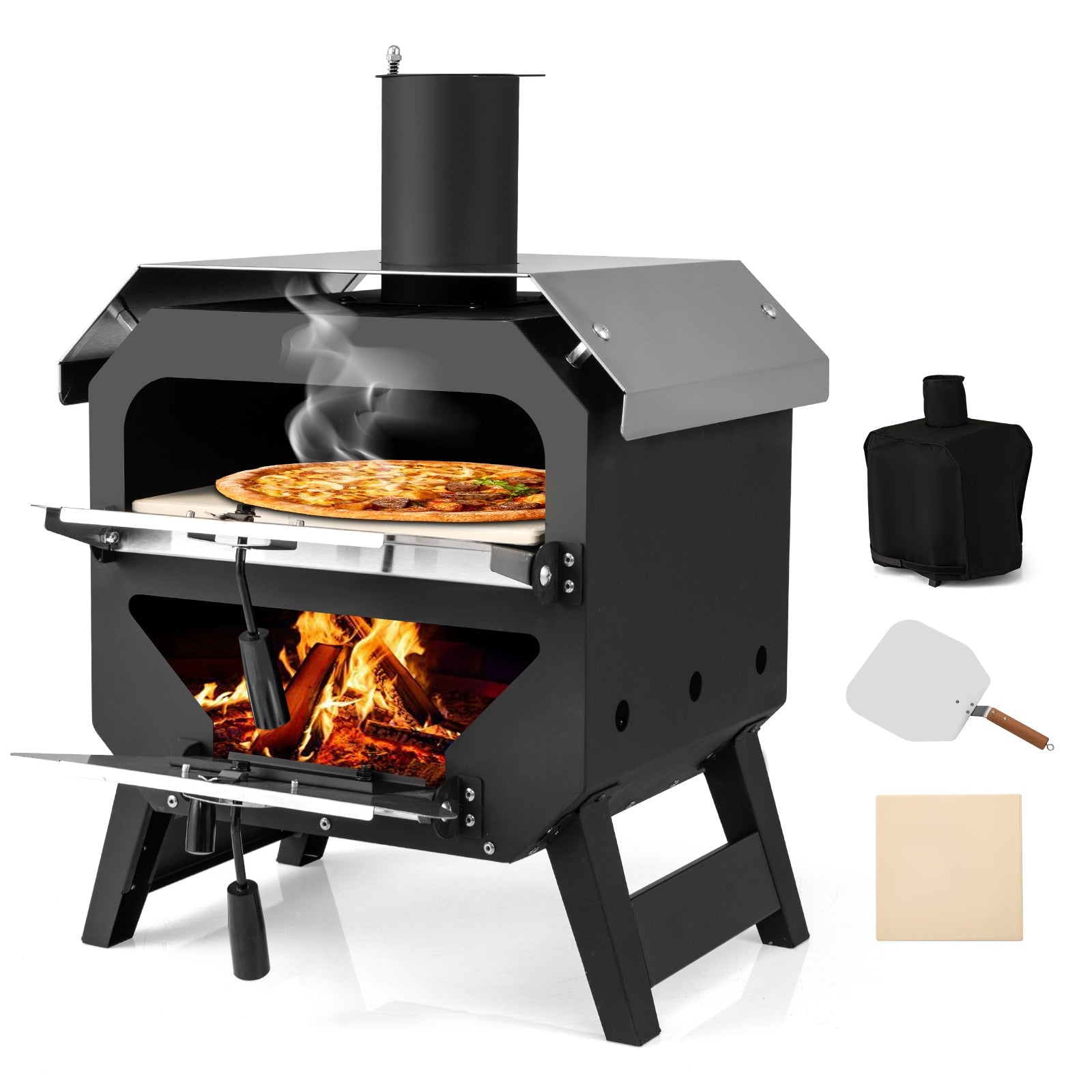 12 Inch Outdoor Pizza Oven with Pizza Stone for Patio Backyard Camping BBQ-Black