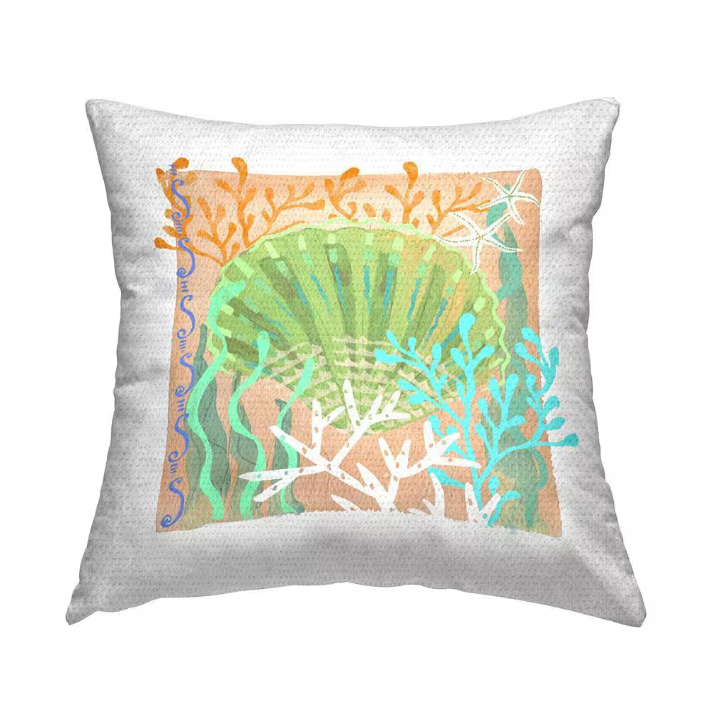 Orange Seashell Beach Coral Multi-Color Square Outdoor Throw Pillow