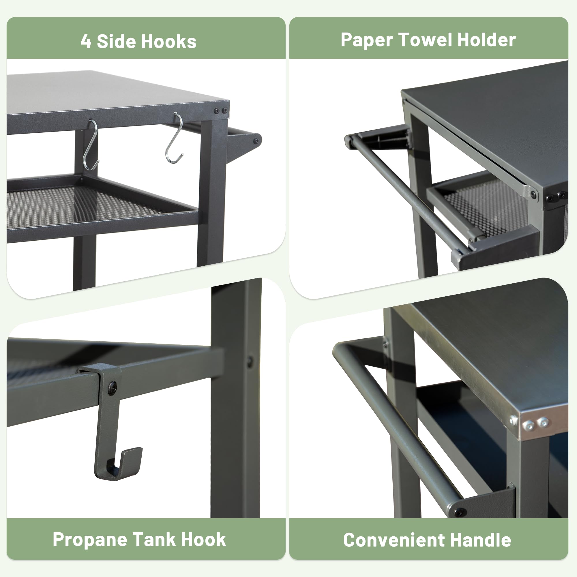 3-Shelf Outdoor Grill Table with Wheels and Propane Tank Hook