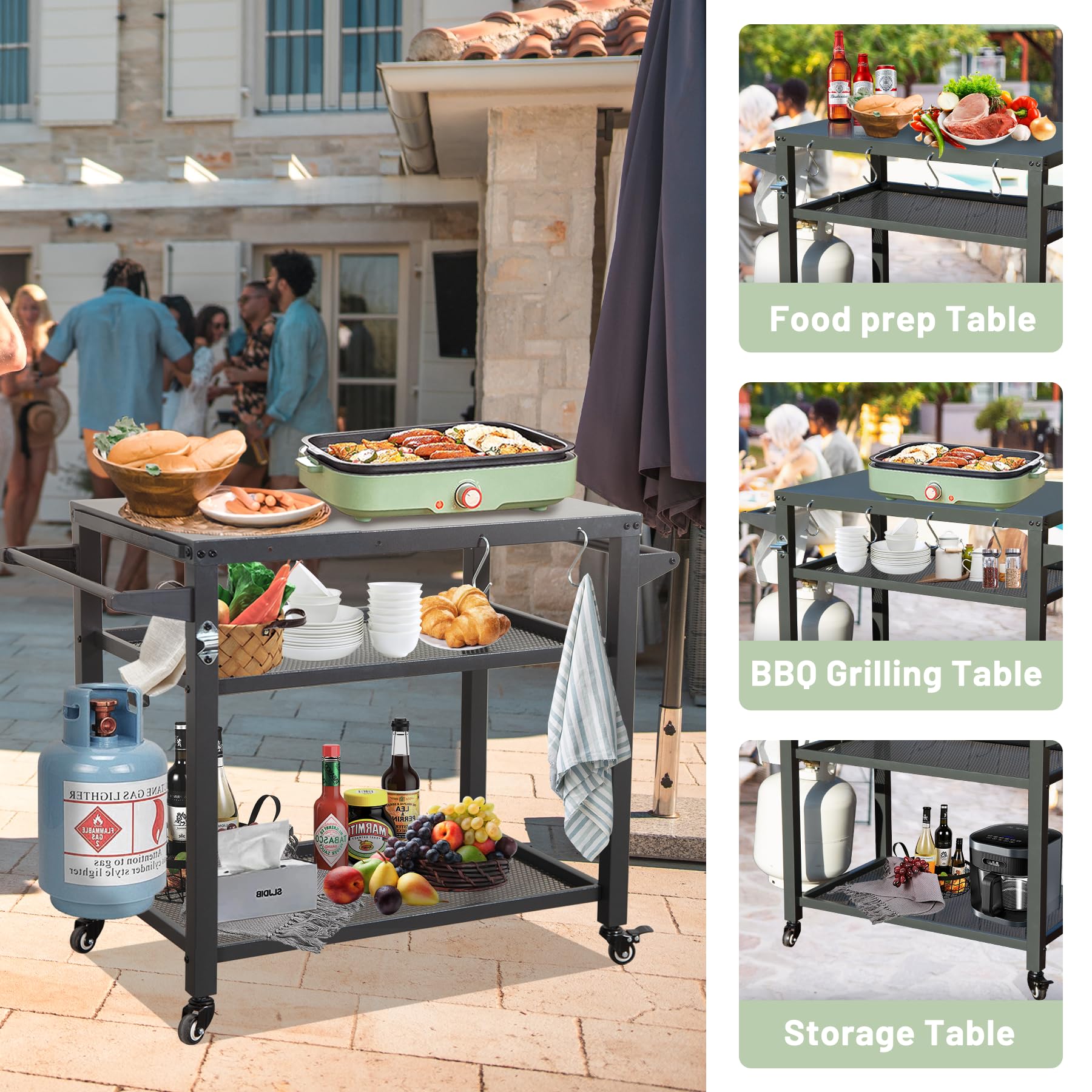 3-Shelf Outdoor Grill Table with Wheels and Propane Tank Hook
