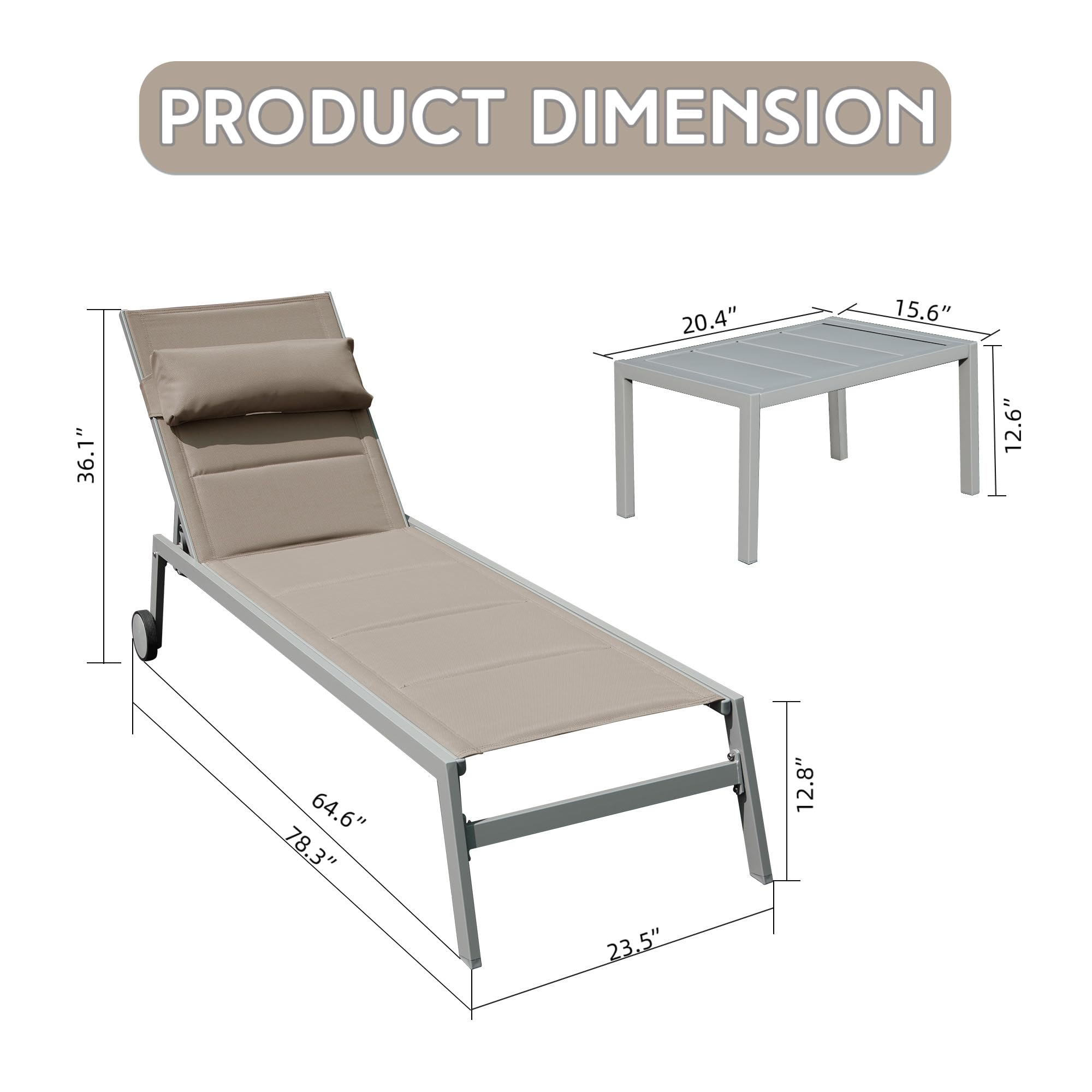 Outdoor Patio Chaise Lounge Set of 3 with Side Table and Wheels (Khaki)