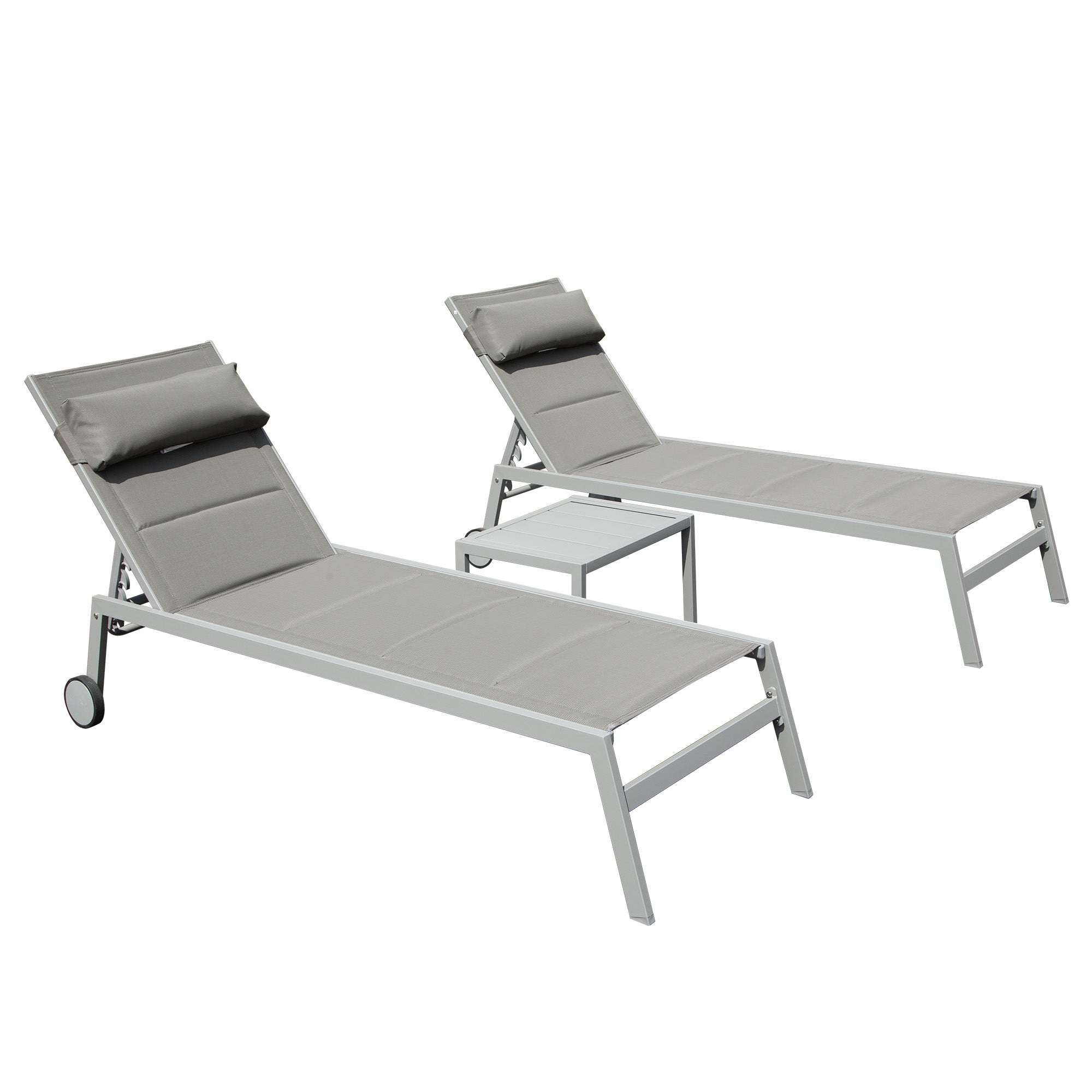 Outdoor Patio Chaise Lounge Set of 3 with Side Table and Wheels