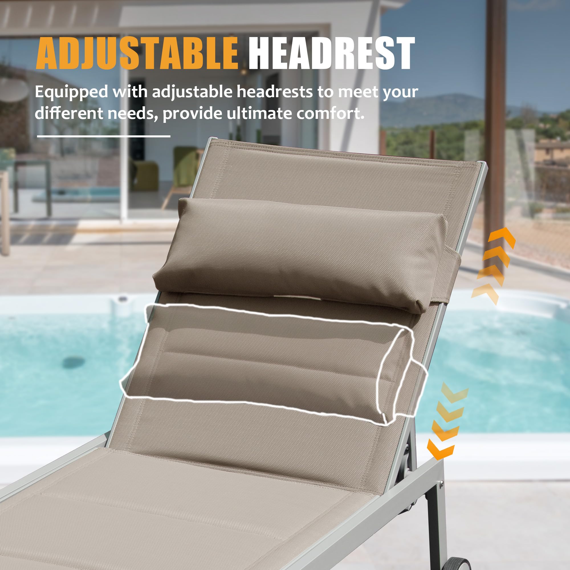 Outdoor Patio Chaise Lounge Set of 3 with Side Table and Wheels (Khaki)