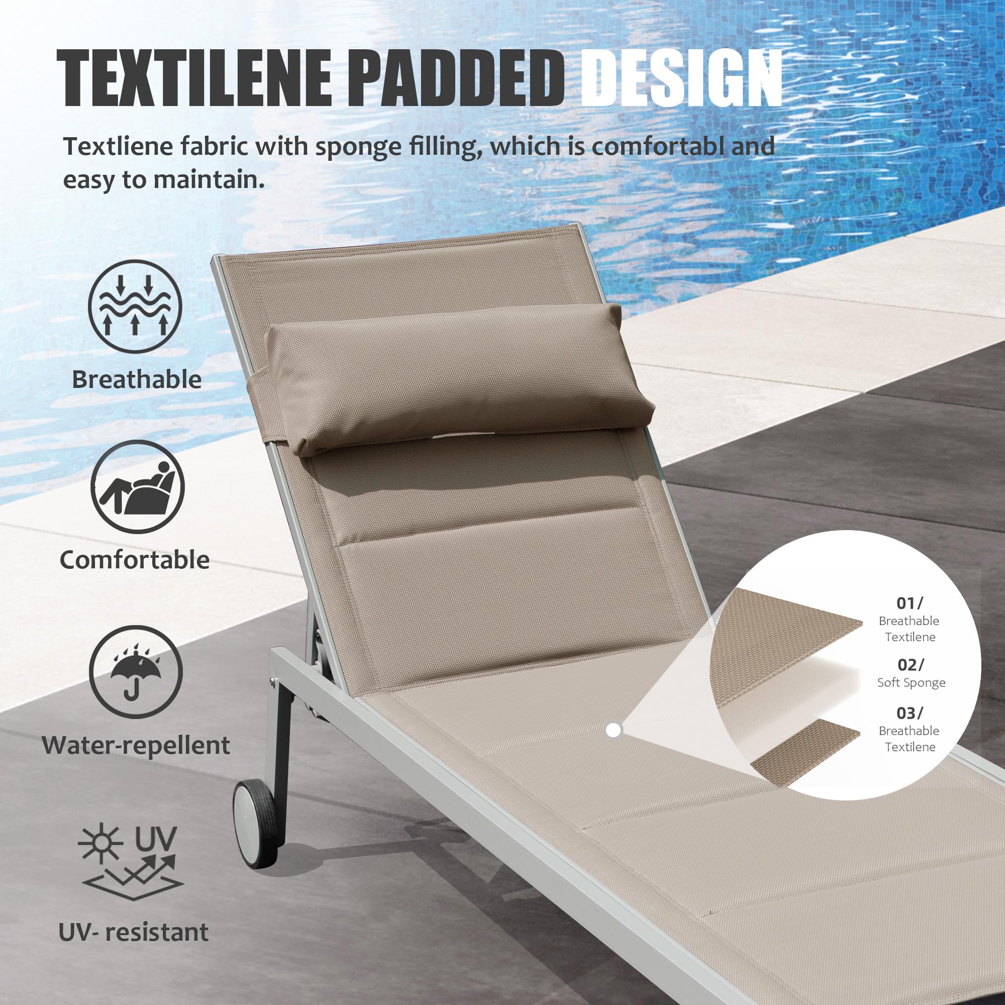 Outdoor Patio Chaise Lounge Set of 3 with Side Table and Wheels (Khaki)