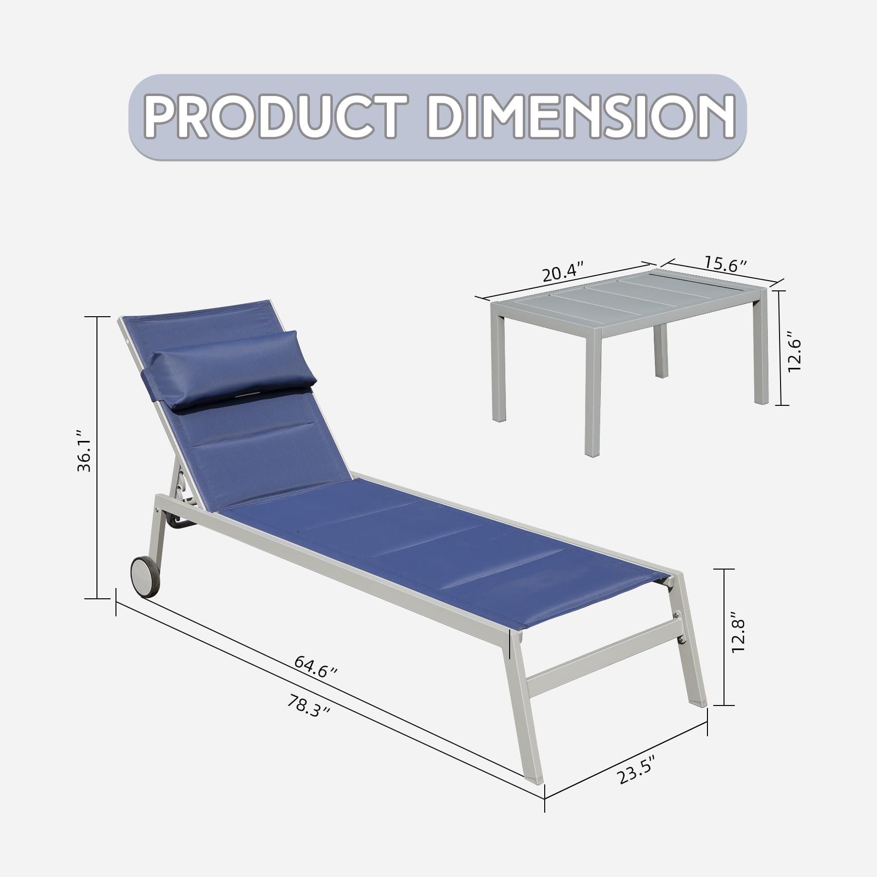 Outdoor Patio Chaise Lounge Set of 3, Aluminum Pool Lounge Chairs with Side Table and Wheels