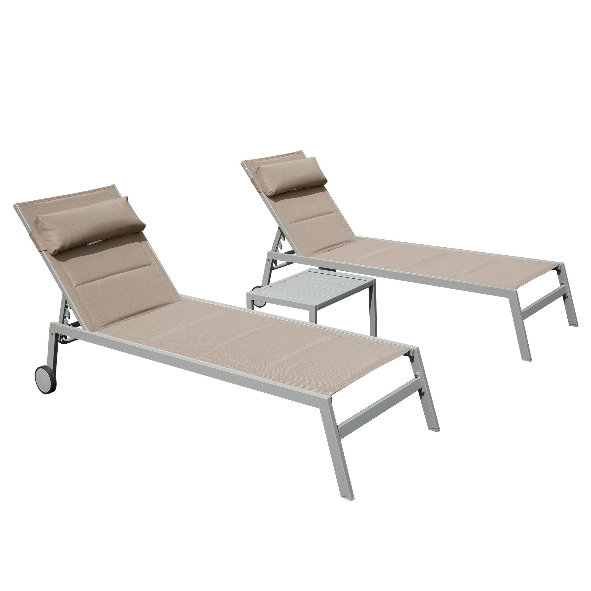 Outdoor Patio Chaise Lounge Set of 3 with Side Table and Wheels (Khaki)