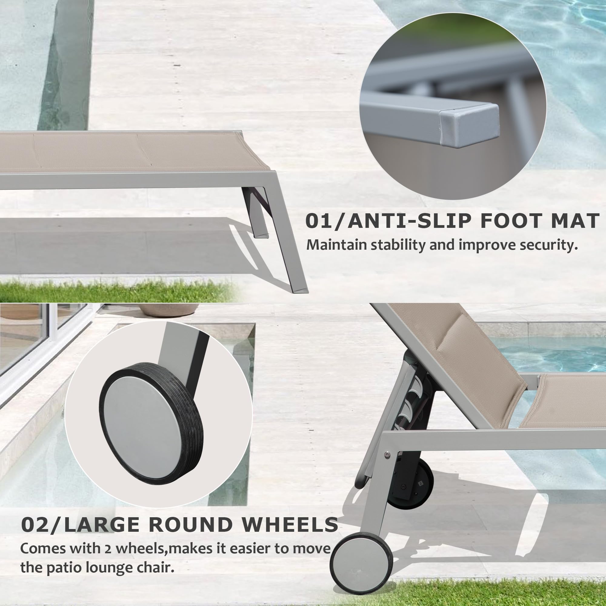 Outdoor Patio Chaise Lounge Set of 3 with Side Table and Wheels (Khaki)