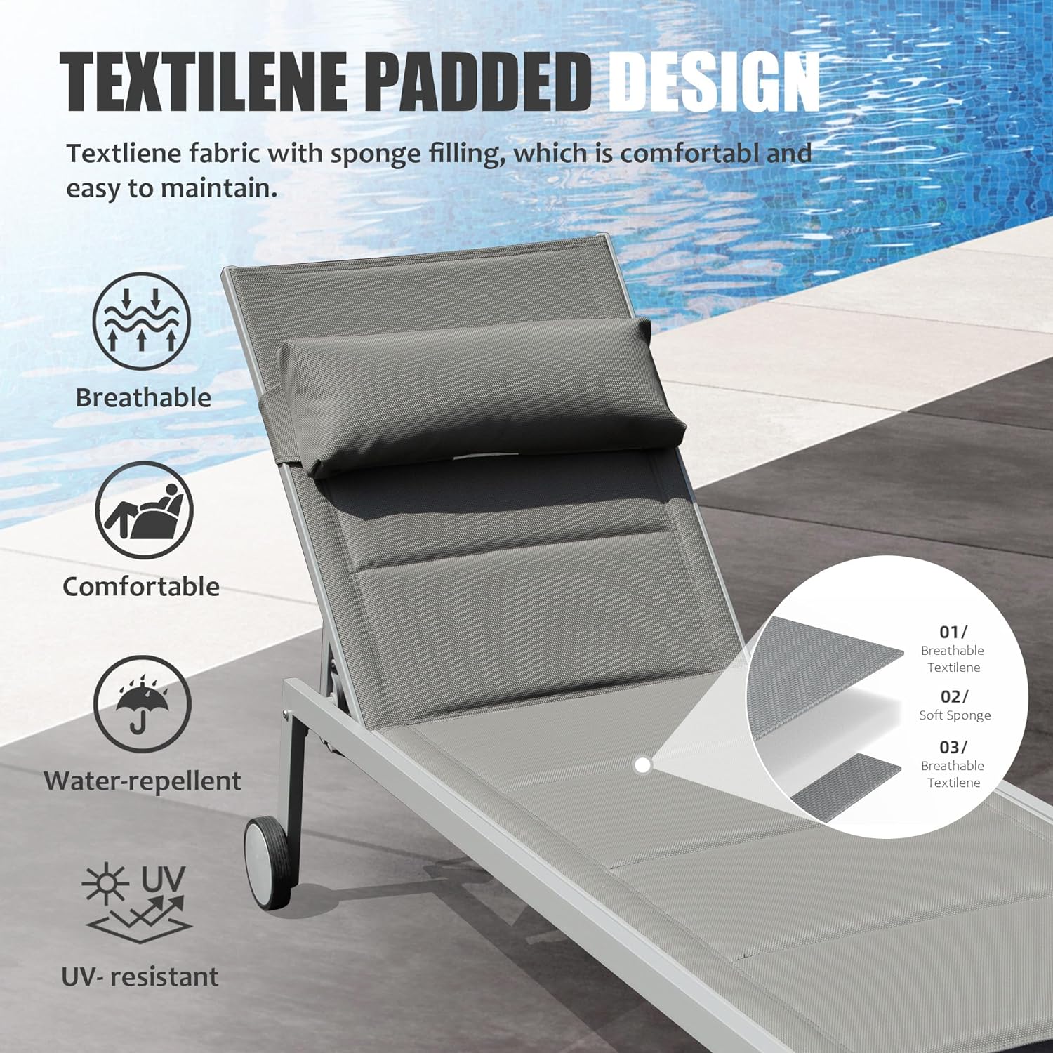Outdoor Patio Chaise Lounge Set of 3 with Side Table and Wheels