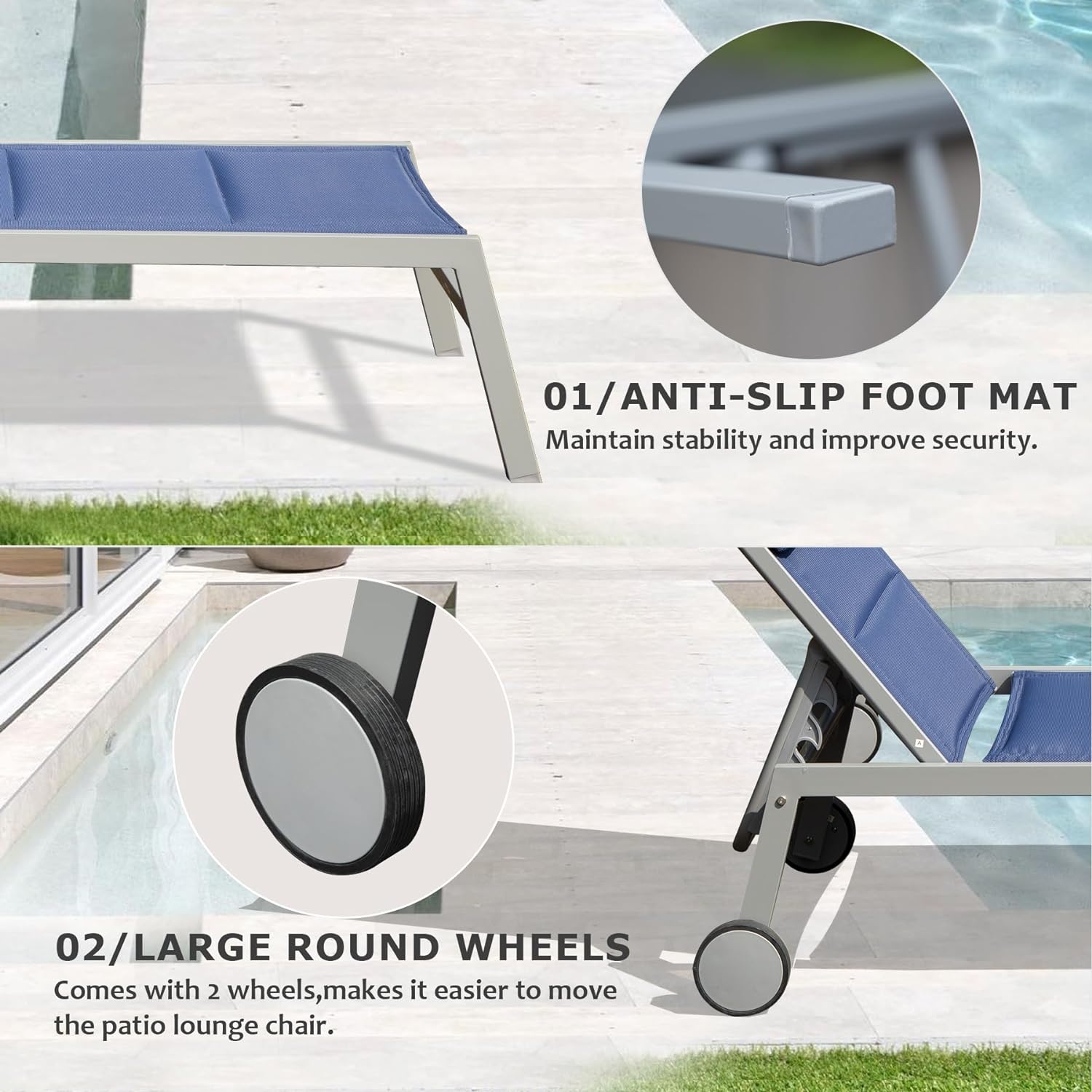 Outdoor Patio Chaise Lounge Set of 3, Aluminum Pool Lounge Chairs with Side Table and Wheels