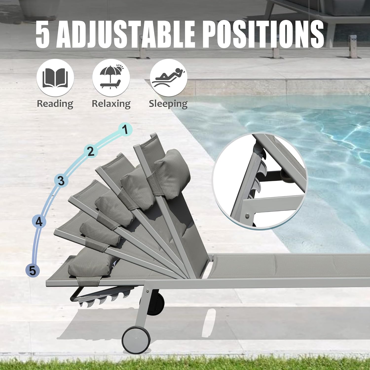 Outdoor Patio Chaise Lounge Set of 3 with Side Table and Wheels