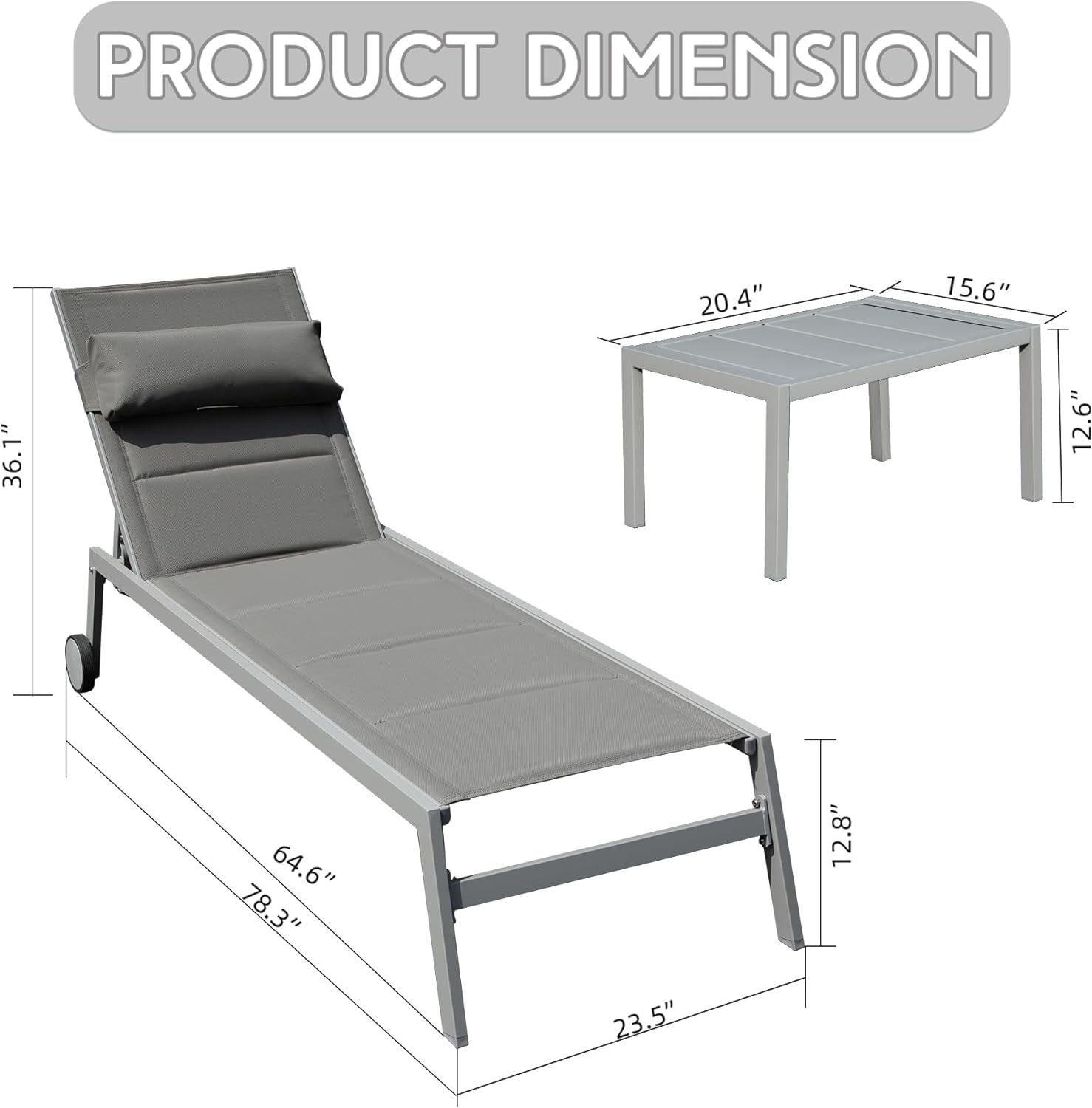 Outdoor Patio Chaise Lounge Set of 3 with Side Table and Wheels