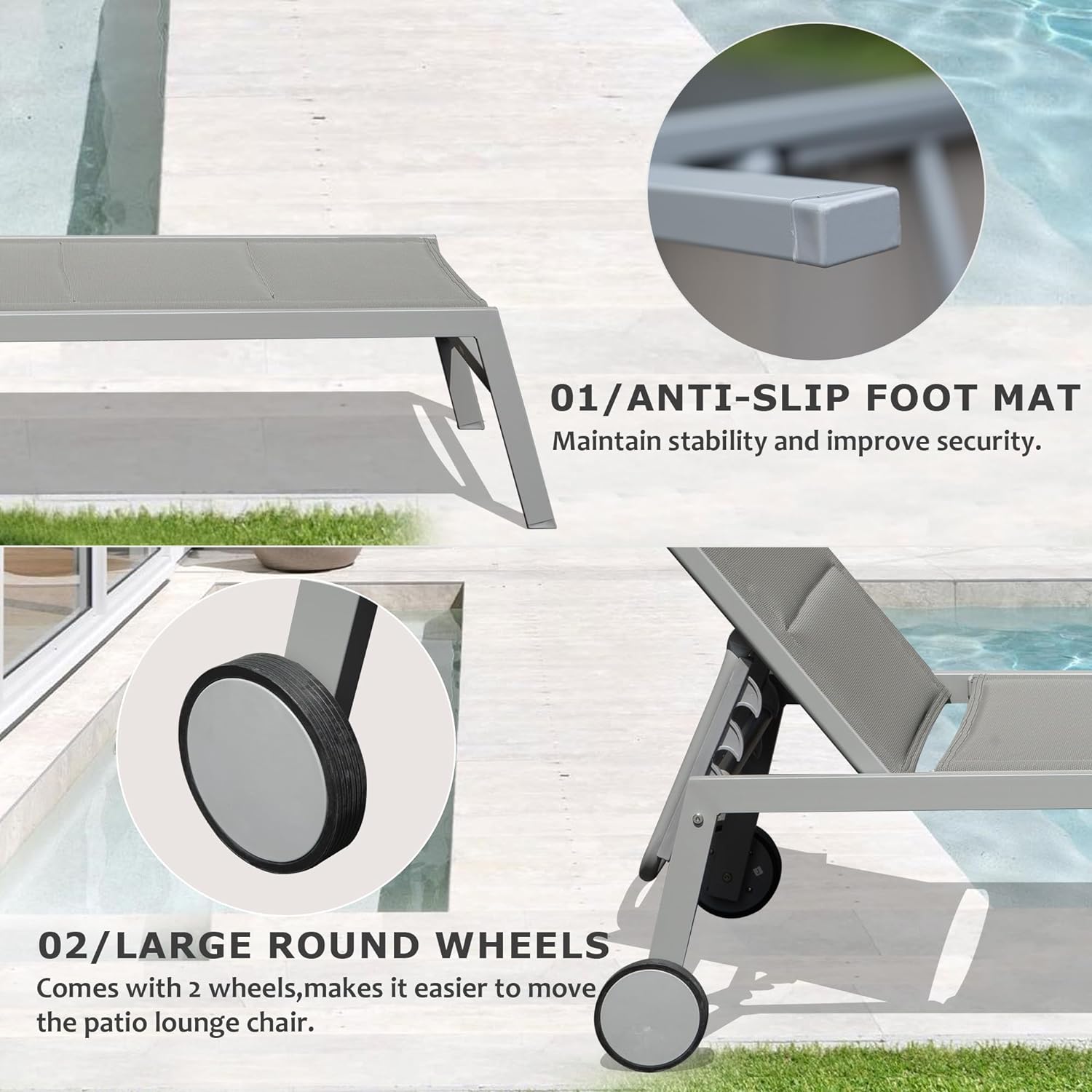 Outdoor Patio Chaise Lounge Set of 3 with Side Table and Wheels