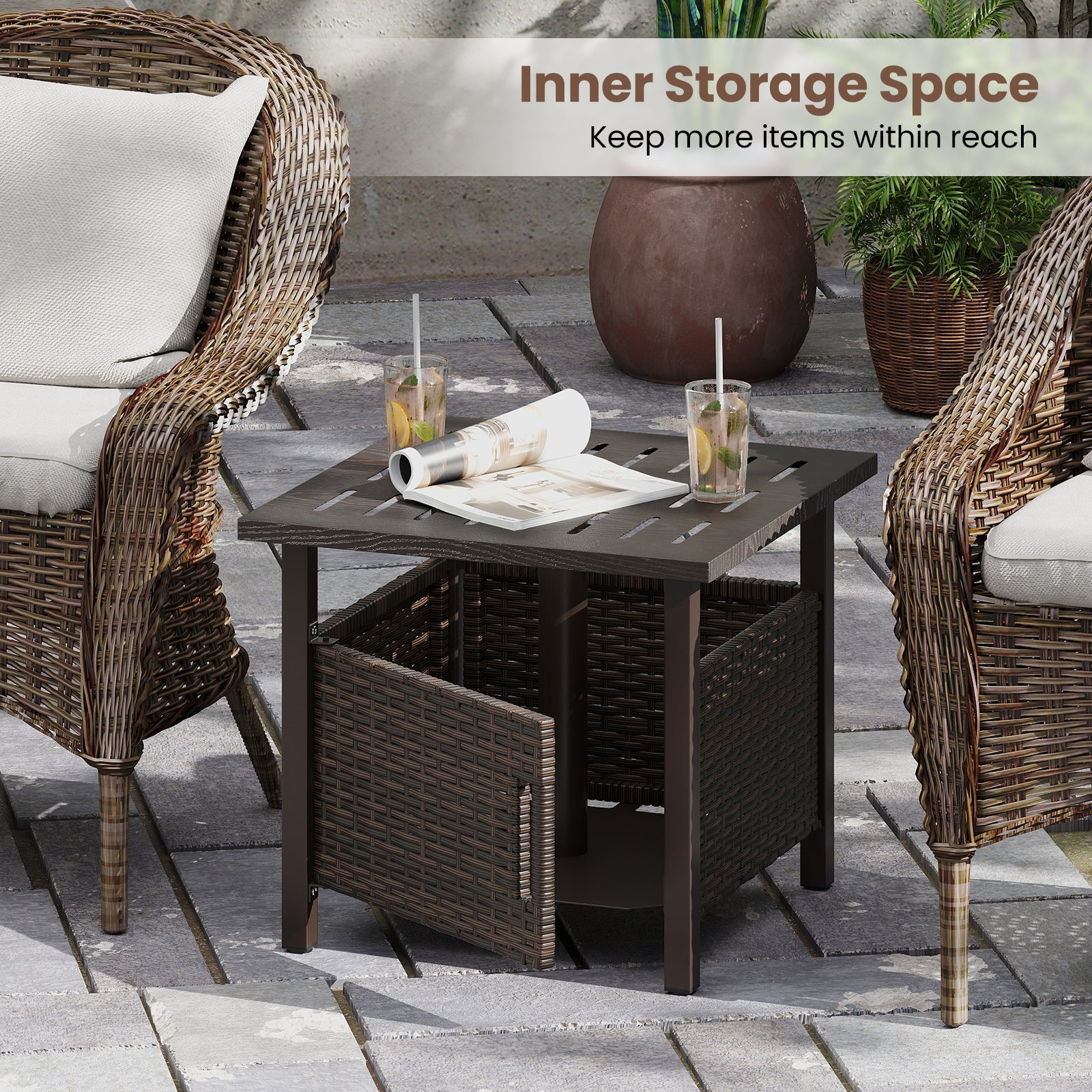 Outdoor Side Table with 1.93" Umbrella Hole All-Weather PE Wicker Patio Umbrella Table-Brown