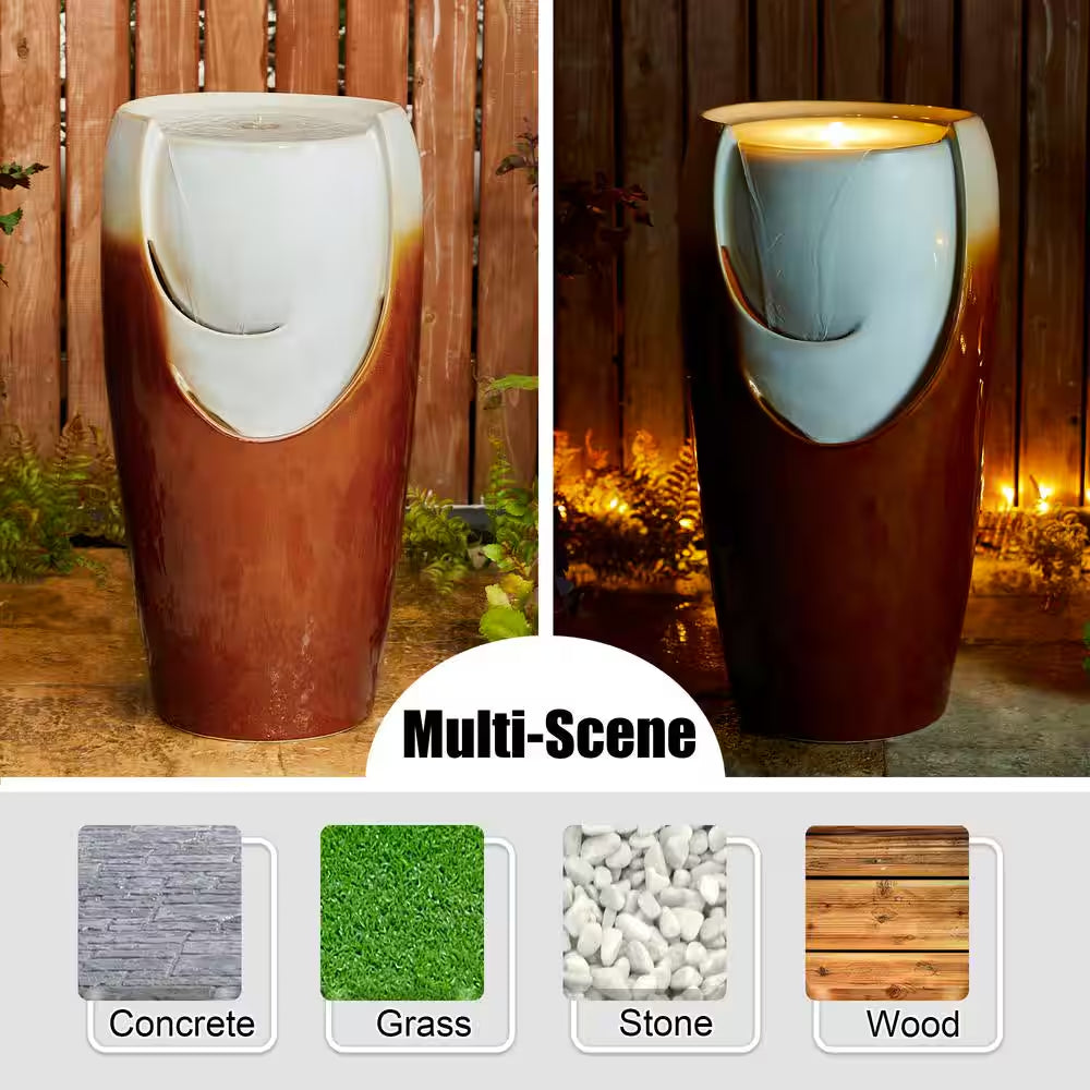 29.25 In. H Outdoor Oversized Sand Beige and Brown Glaze Ceramic Pot Water Floor Fountain with LED Light