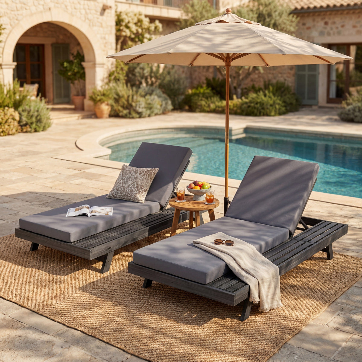 Black Acacia Wood Outdoor Chaise Lounge with Water-Resistant Cushions