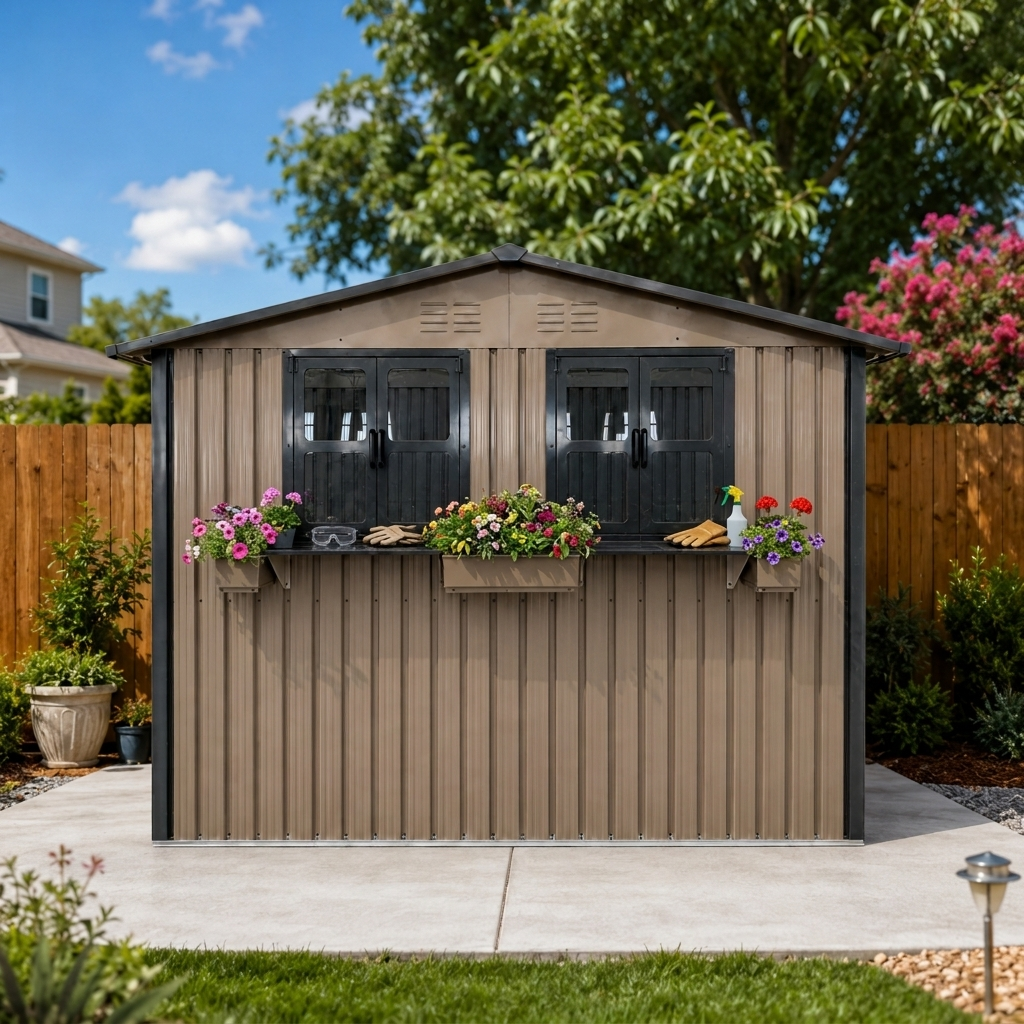 6x9 FT Outdoor Metal Storage Shed with Window & Flower Rack