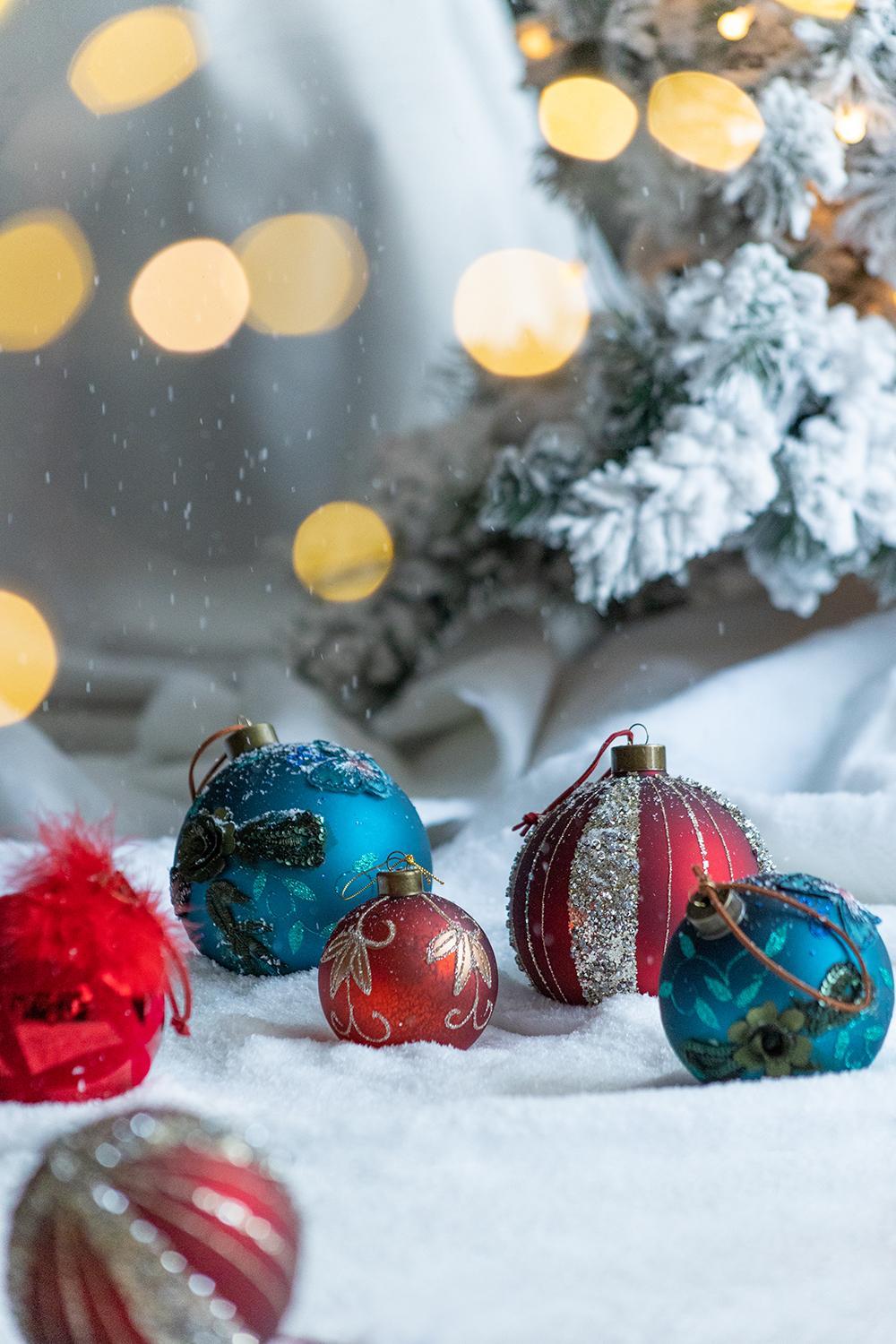 Light Blue Glass Christmas Ball Ornaments with Glitter Details - Set of 4 or 6
