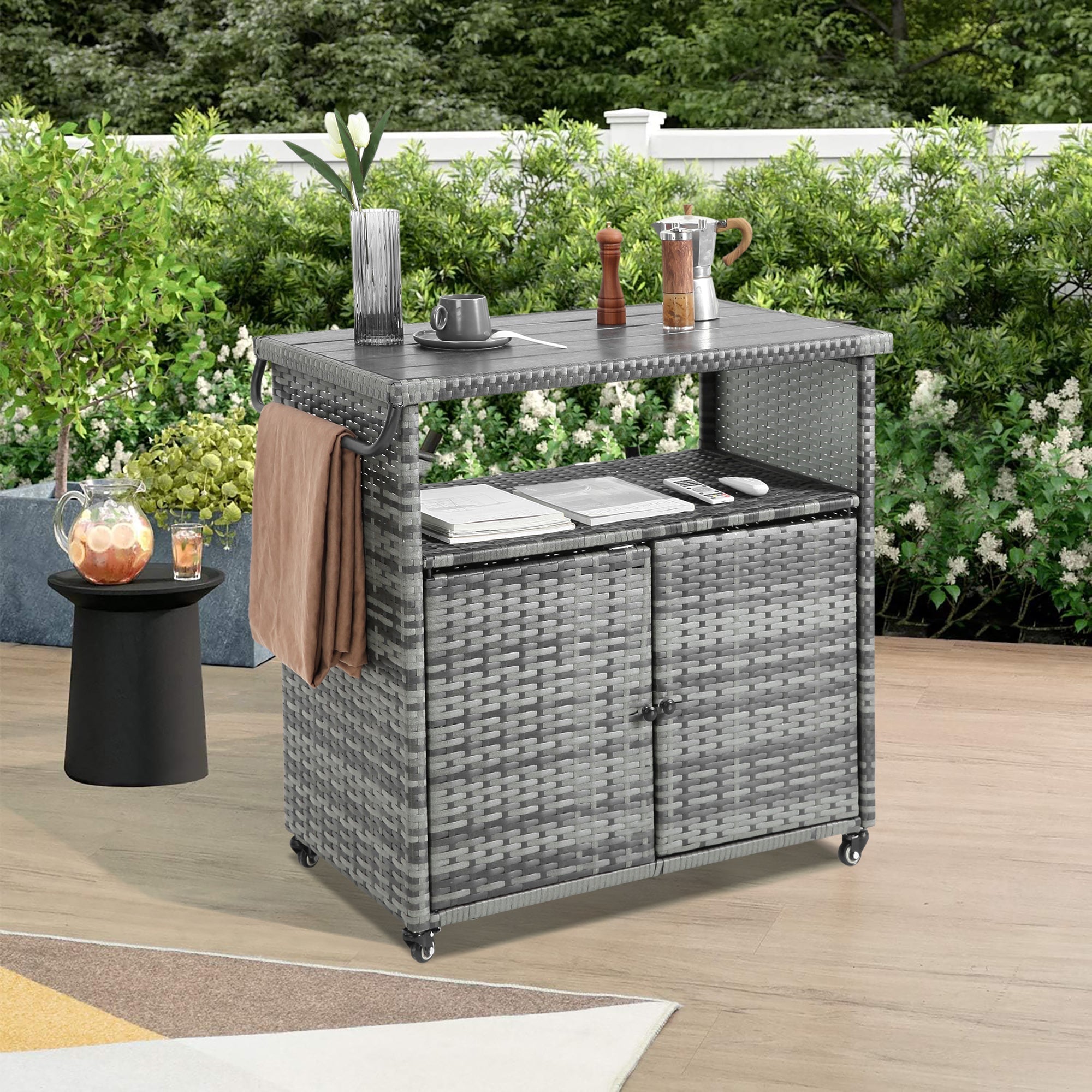 Outdoor Wicker Bar Cart with Glass Top and Wheels