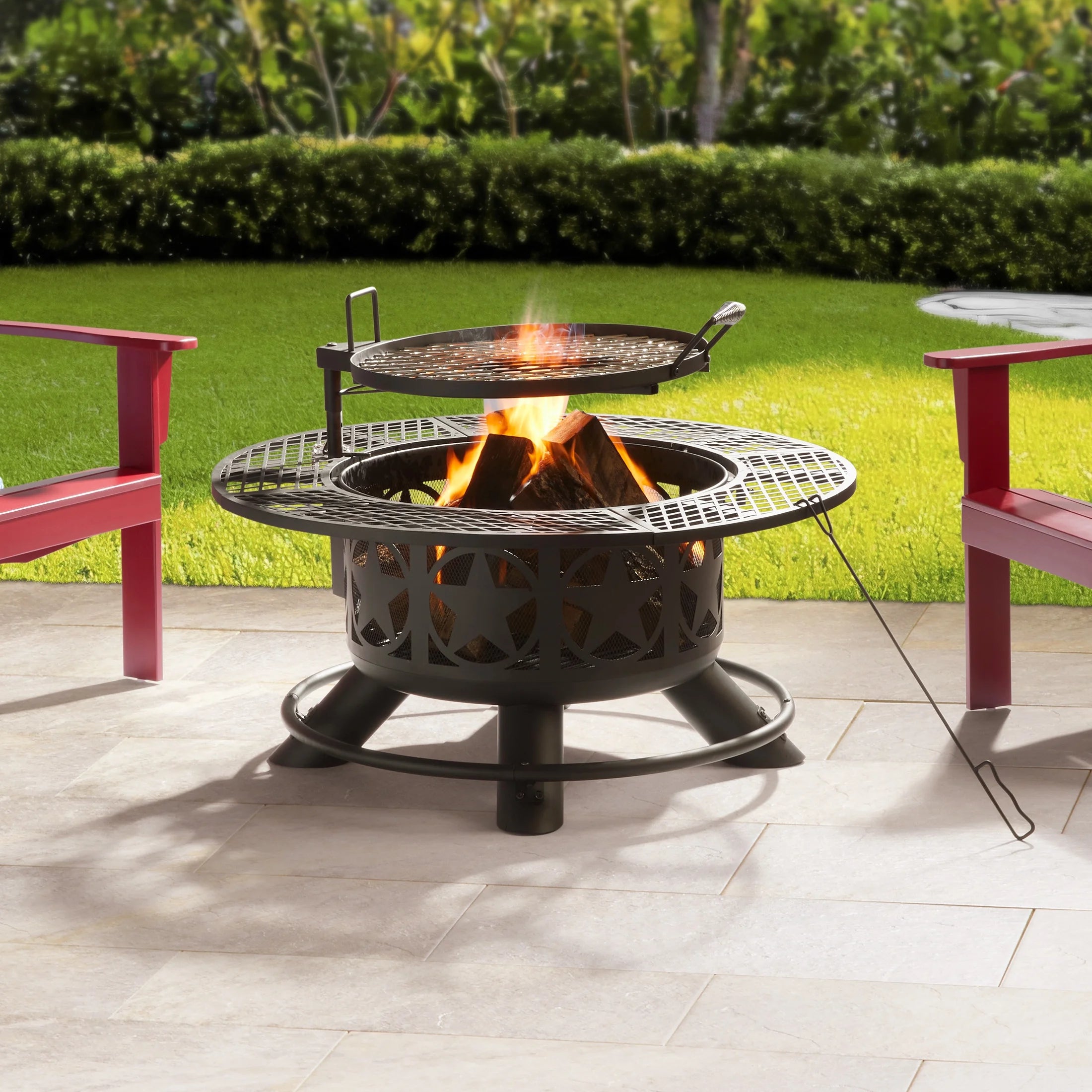 40-Inch Wood Burning Ranch Fire Pit with Removable Stainless Steel Cooking Grate and Convenient Lid
