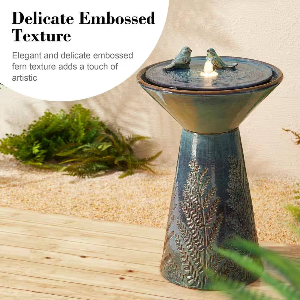 27.5 In. H Turquoise 2 Birds Embossed Plant Pattern Pedestal Ceramic Fountain with Pump and LED Light (KD)