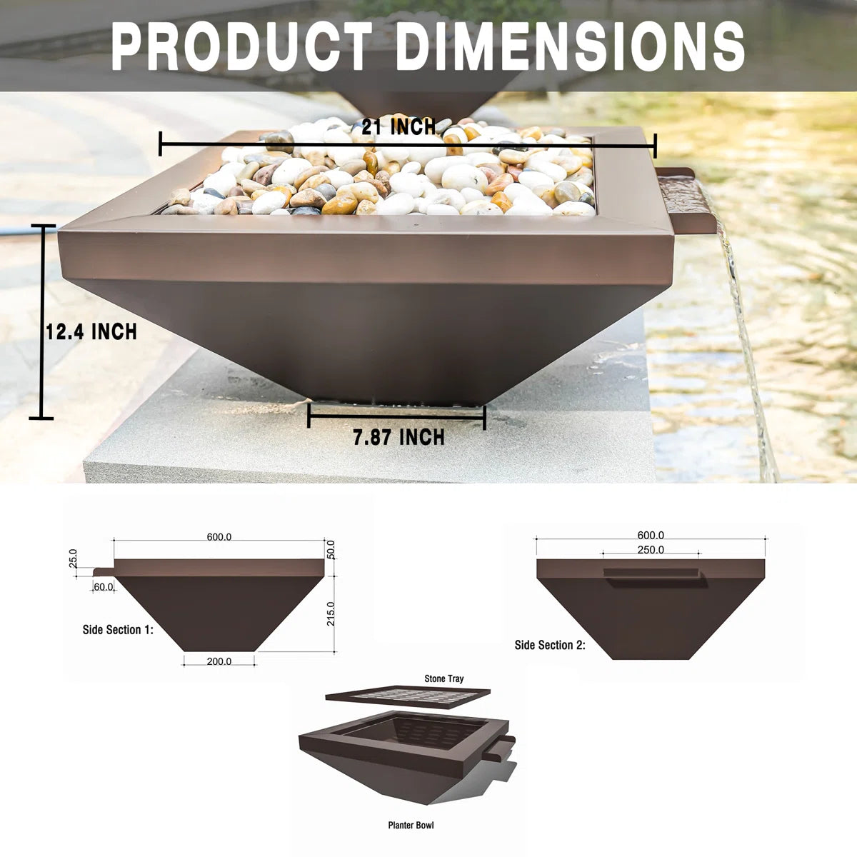 24" Square Garden Water Bowl, Stainless Steel Spilling Water Feature for Outdoor Ponds, and Other Landscaped Areas (Antique Brown Coated)