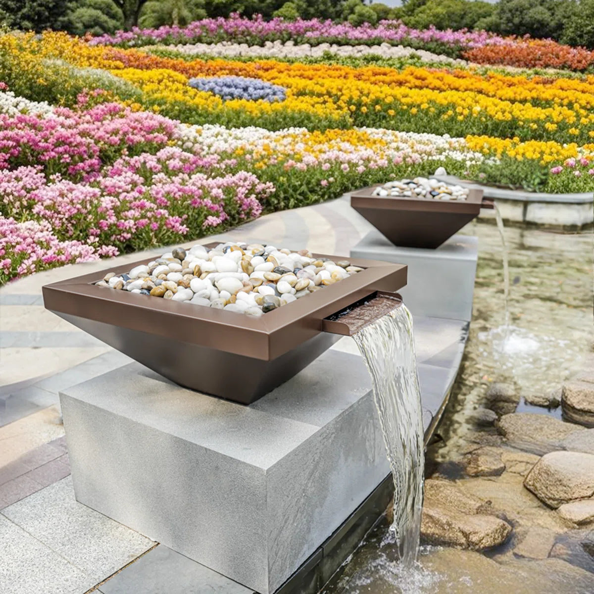 24" Square Garden Water Bowl, Stainless Steel Spilling Water Feature for Outdoor Ponds, and Other Landscaped Areas (Antique Brown Coated)