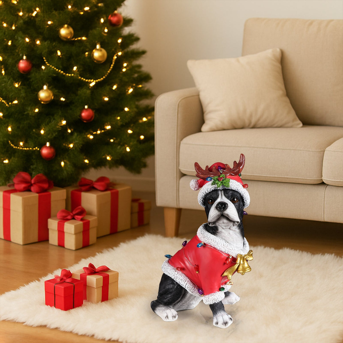 Christmas Boston Terrier Statue with Santa Outfit - Red & White