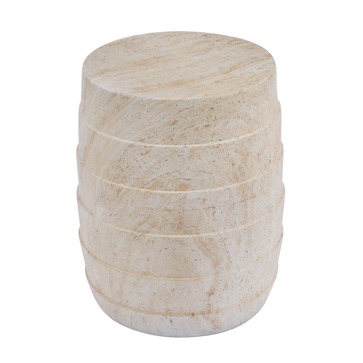 Modern Cylindrical Travertine-Look Outdoor Side Table with Ribbed Texture - Light Beige