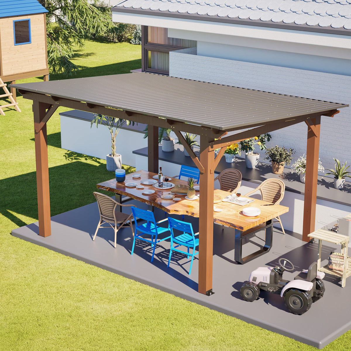 Wooden Garden Gazebo with Metal Roof - 13x10ft Outdoor Pergola - Brown