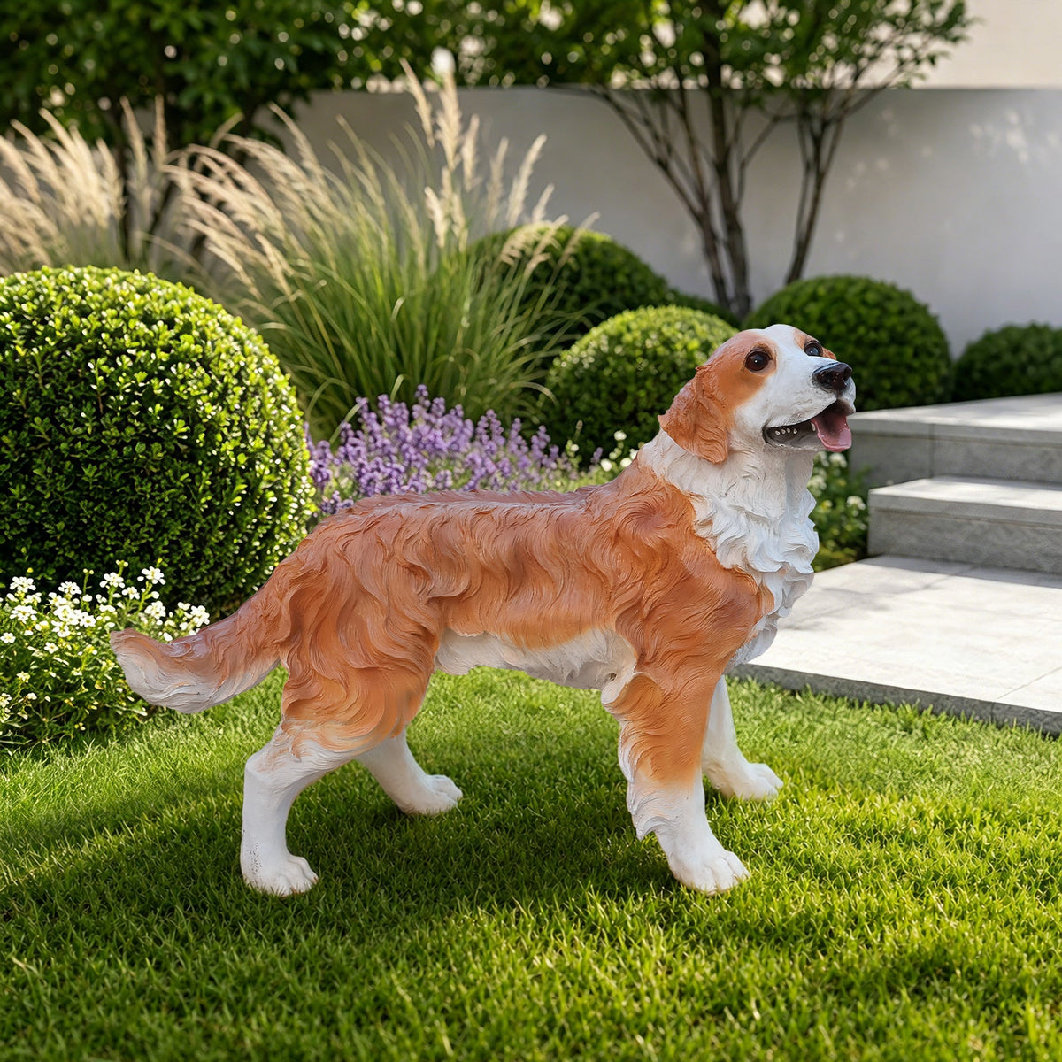 Lifelike Hound Dog Statue, Realistic Resin Animal Figurine for Indoor Outdoor Garden Lawn Yard Home Decor, Art Craft Gift, Brown+White