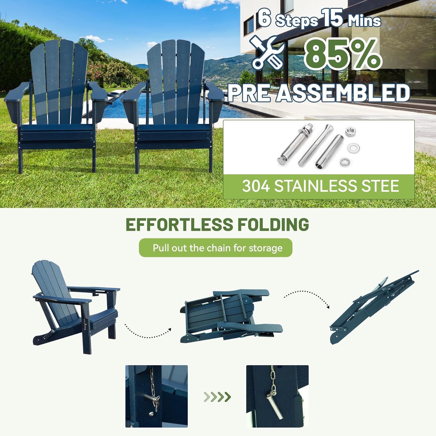 Adirondack Chairs Set of 2 - HDPE Plastic Outdoor Chairs