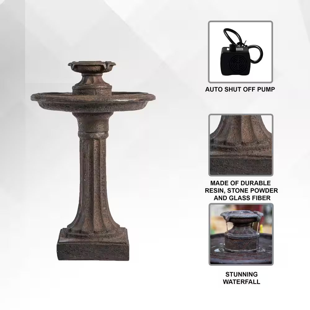28 In. H Tiered Freestanding Classic Bird Bath Outdoor Water Fountain W/Auto Shut-Off Pump, Brown