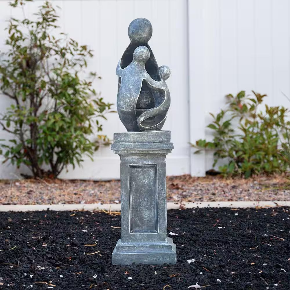 42.9 In. H Sculptural Resin Fountain with Pedestal Base and LED Lights - Indoor/Outdoor Modern Water Feature