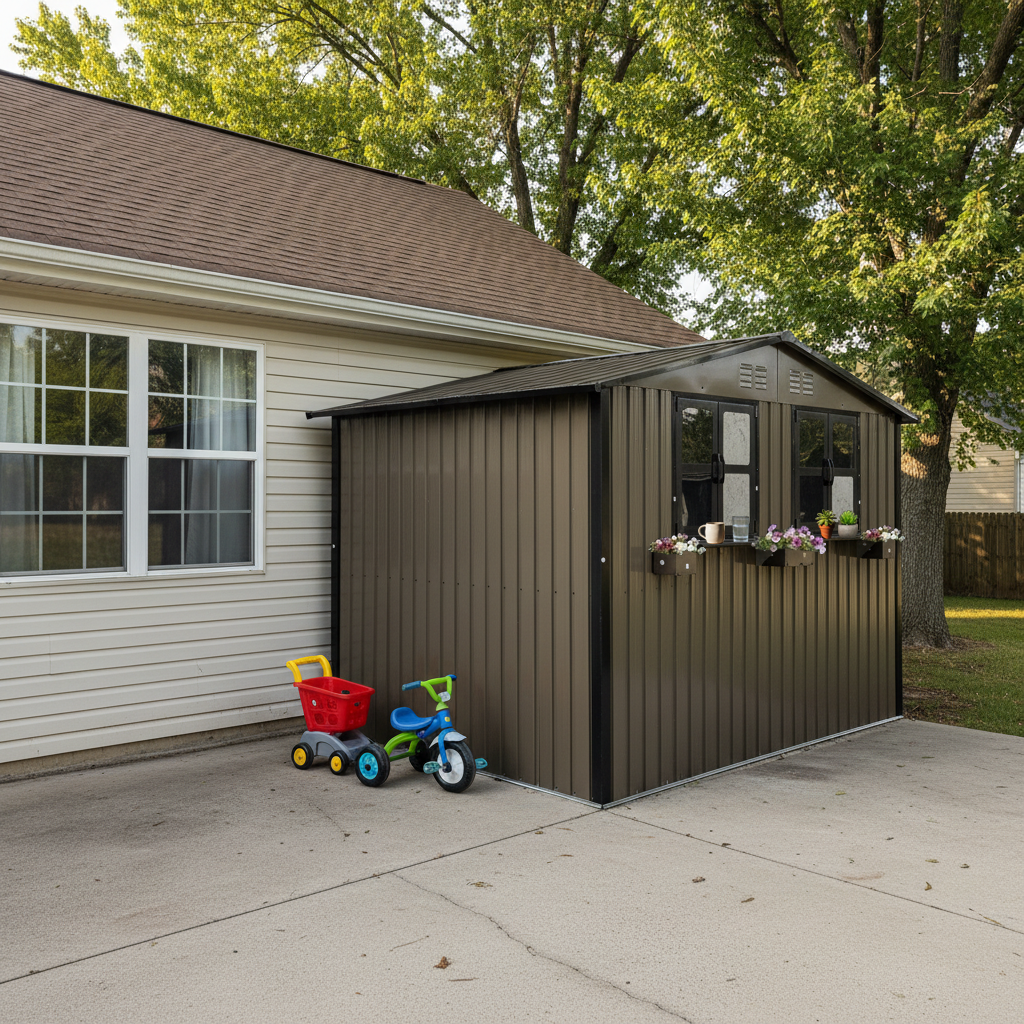 6x9 FT Outdoor Metal Storage Shed with Window & Flower Rack