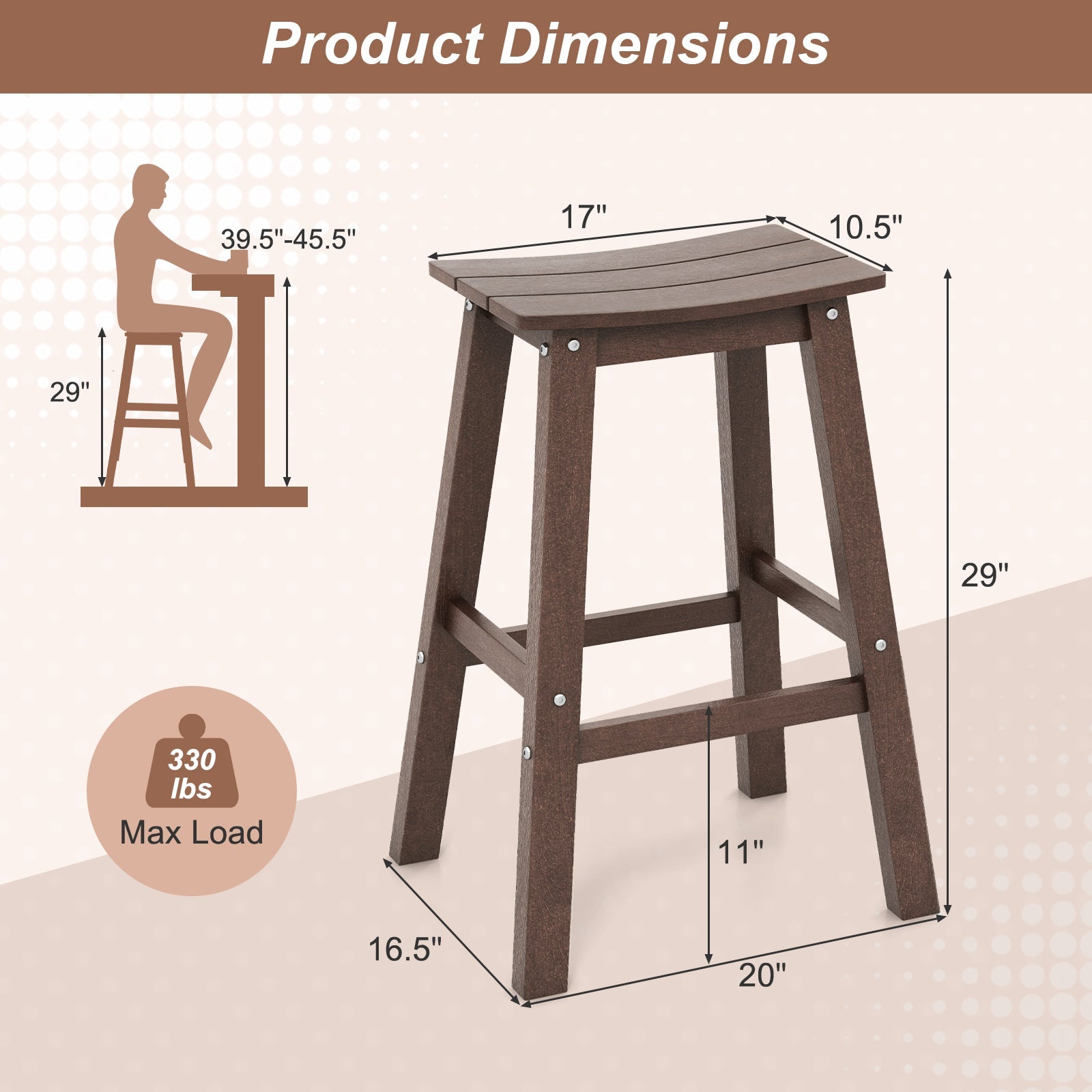 29 Inch HDPE Patio Bar Stool Set of 2 Armless Saddle Stools-Brown